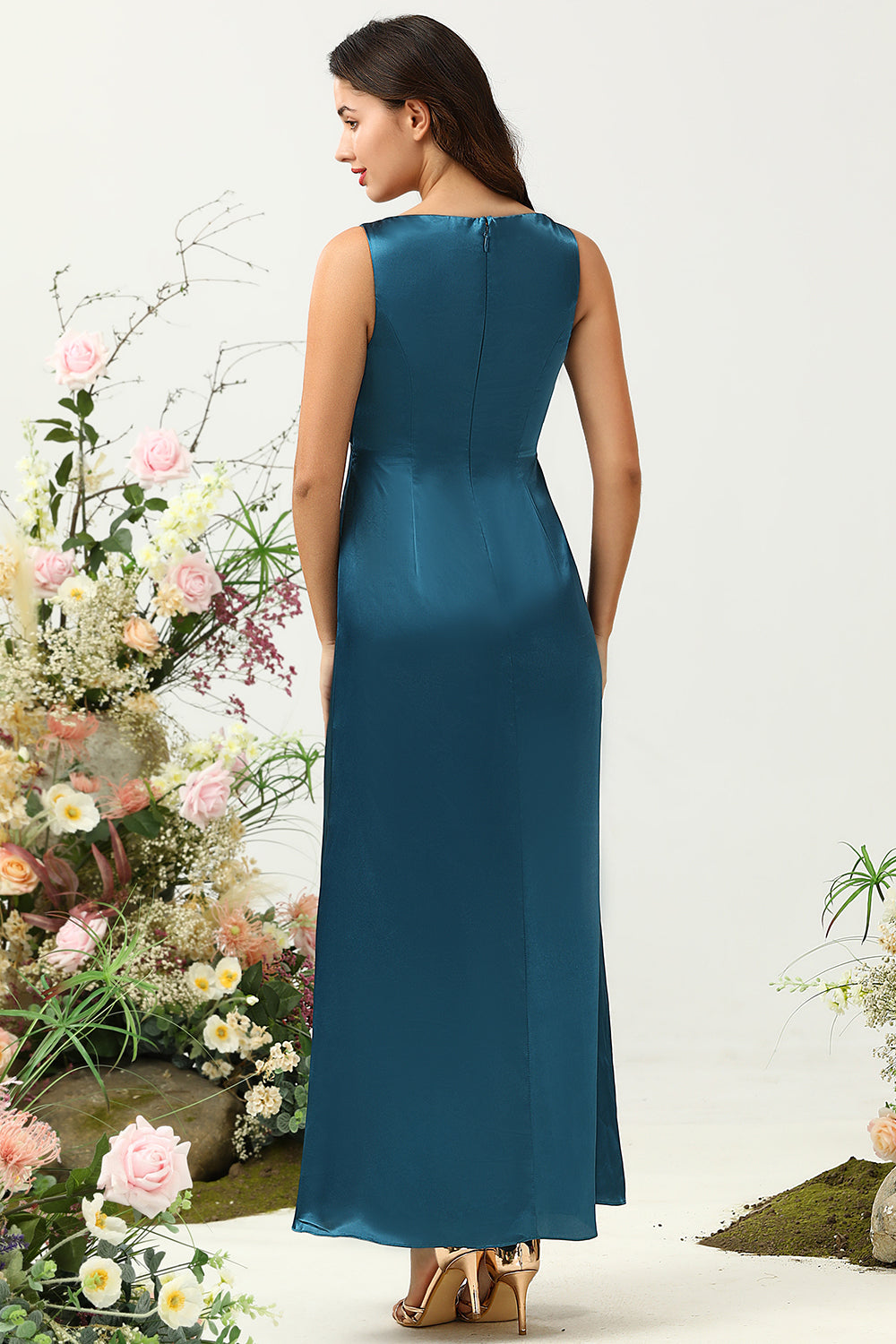 Ink Blue Sheath Deep V Neck Bright Satin Bridesmaid Dress with Adjustable Drawstring