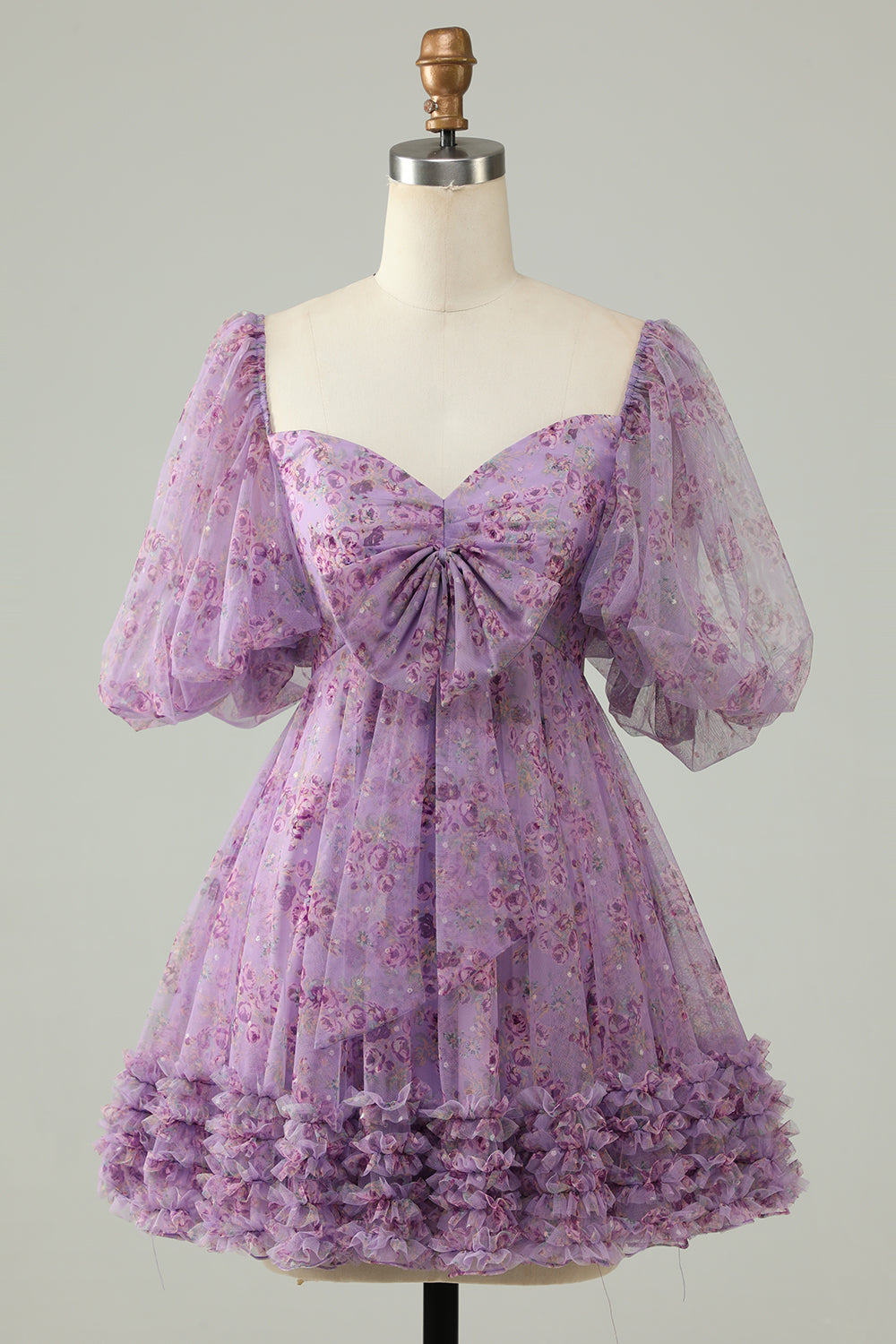 Purple A Line Tulle Bow Print Short Homecoming Dress With Puff Sleeves