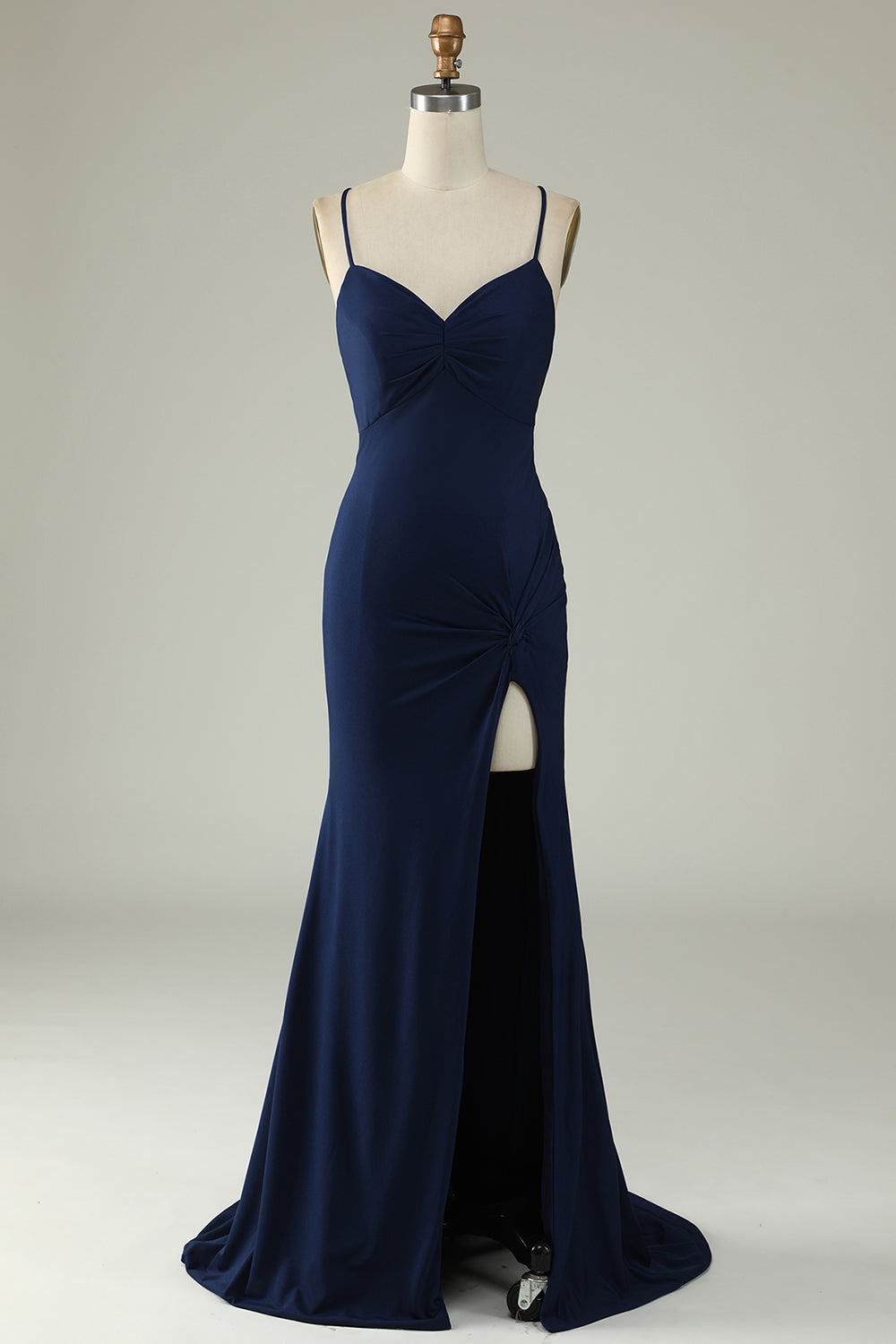 Navy Mermaid Spaghetti Straps Long Prom Dress with Split Front