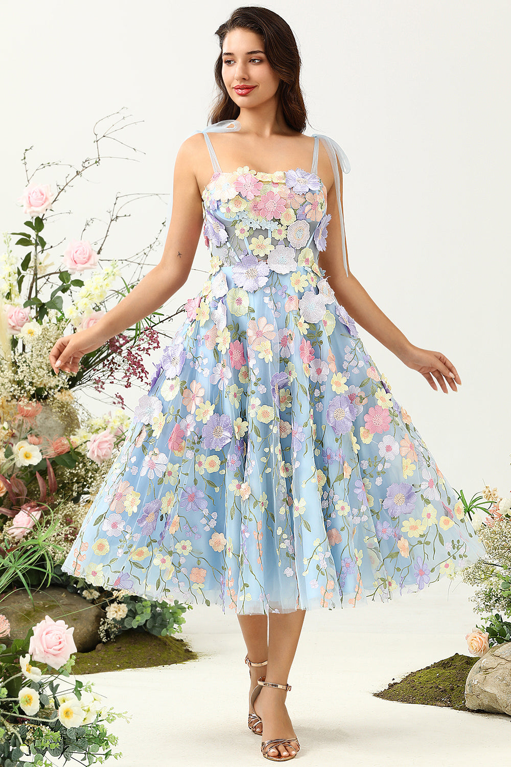 Blue A Line Spaghetti Straps Corset Prom Dress with 3D Flowers