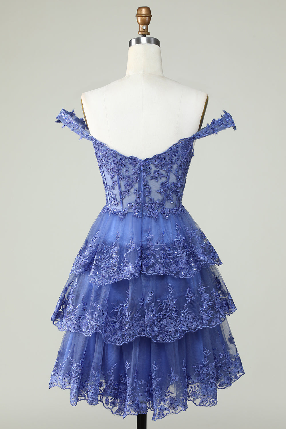 Cute A Line Corset Tiered Short Dark Blue Homecoming Dress with Lace