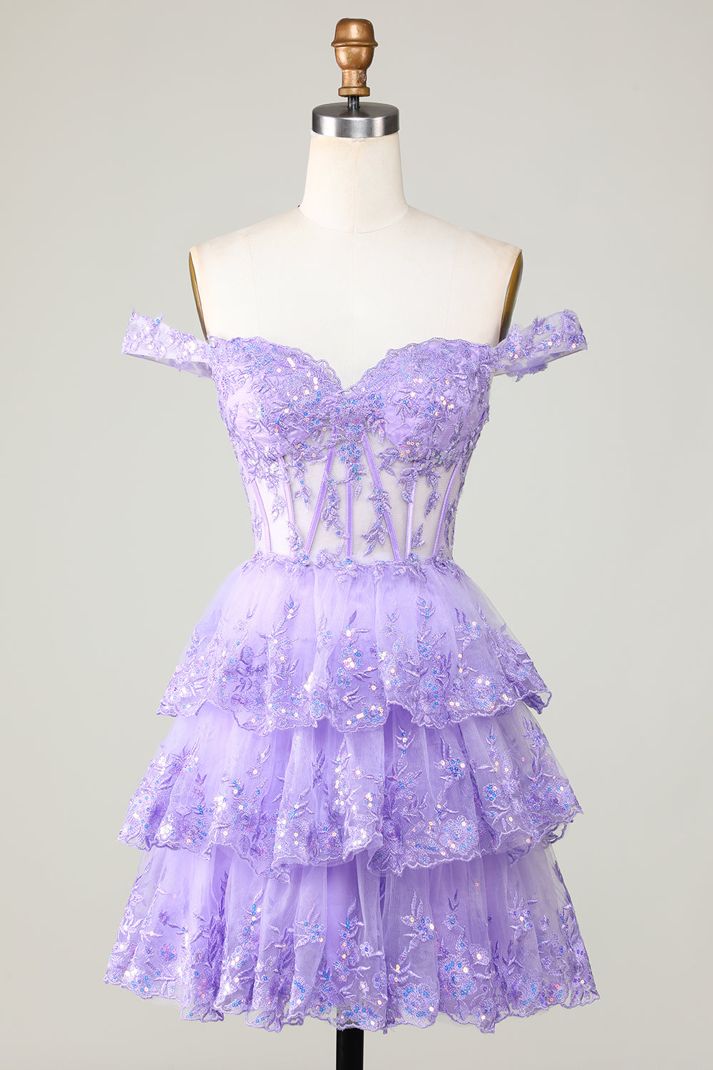 Princess A Line Corset Tiered Purple Short Homecoming Dress with Lace