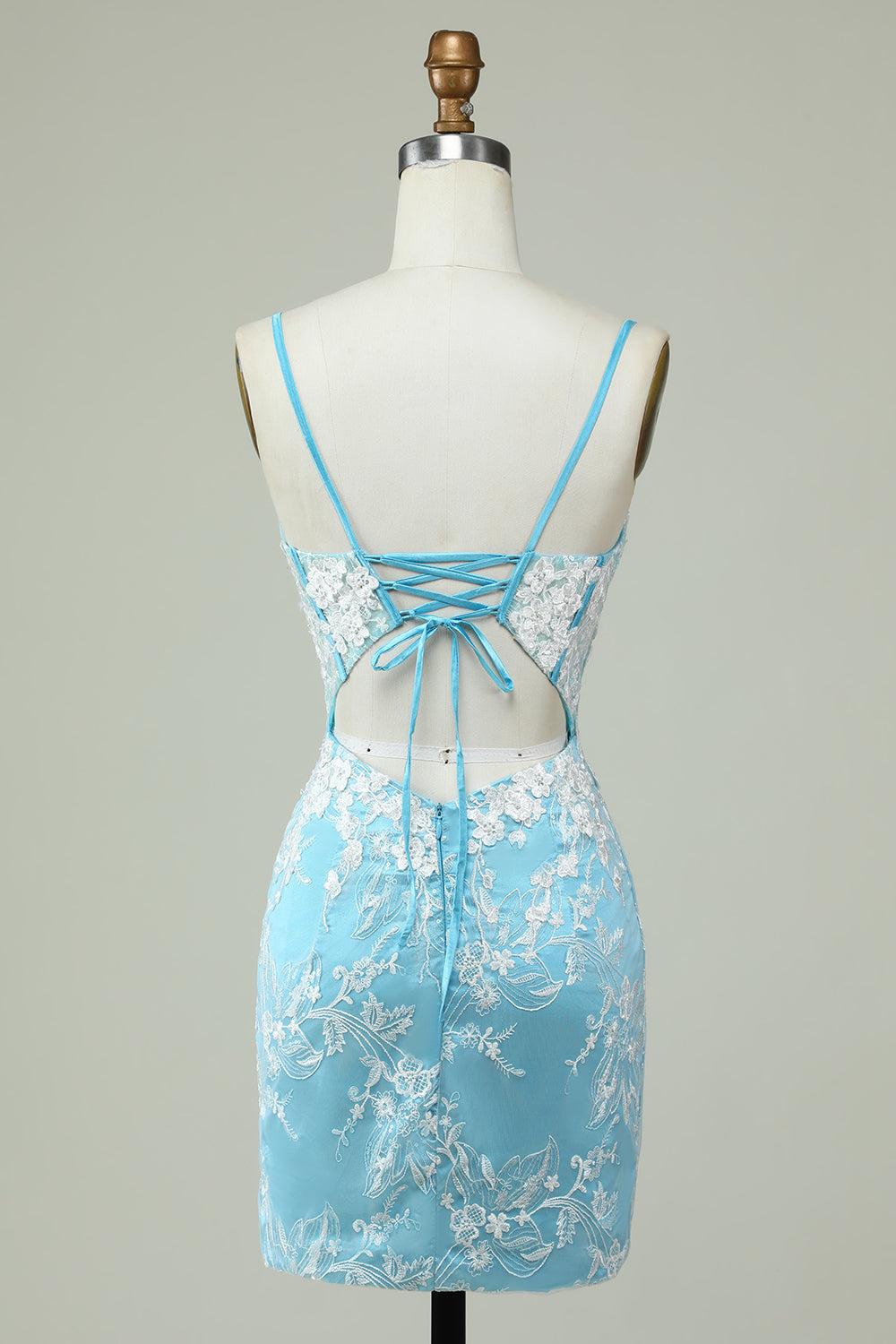 Light Blue Sheath Spaghetti Straps Short Homecoming Dress with Appliques