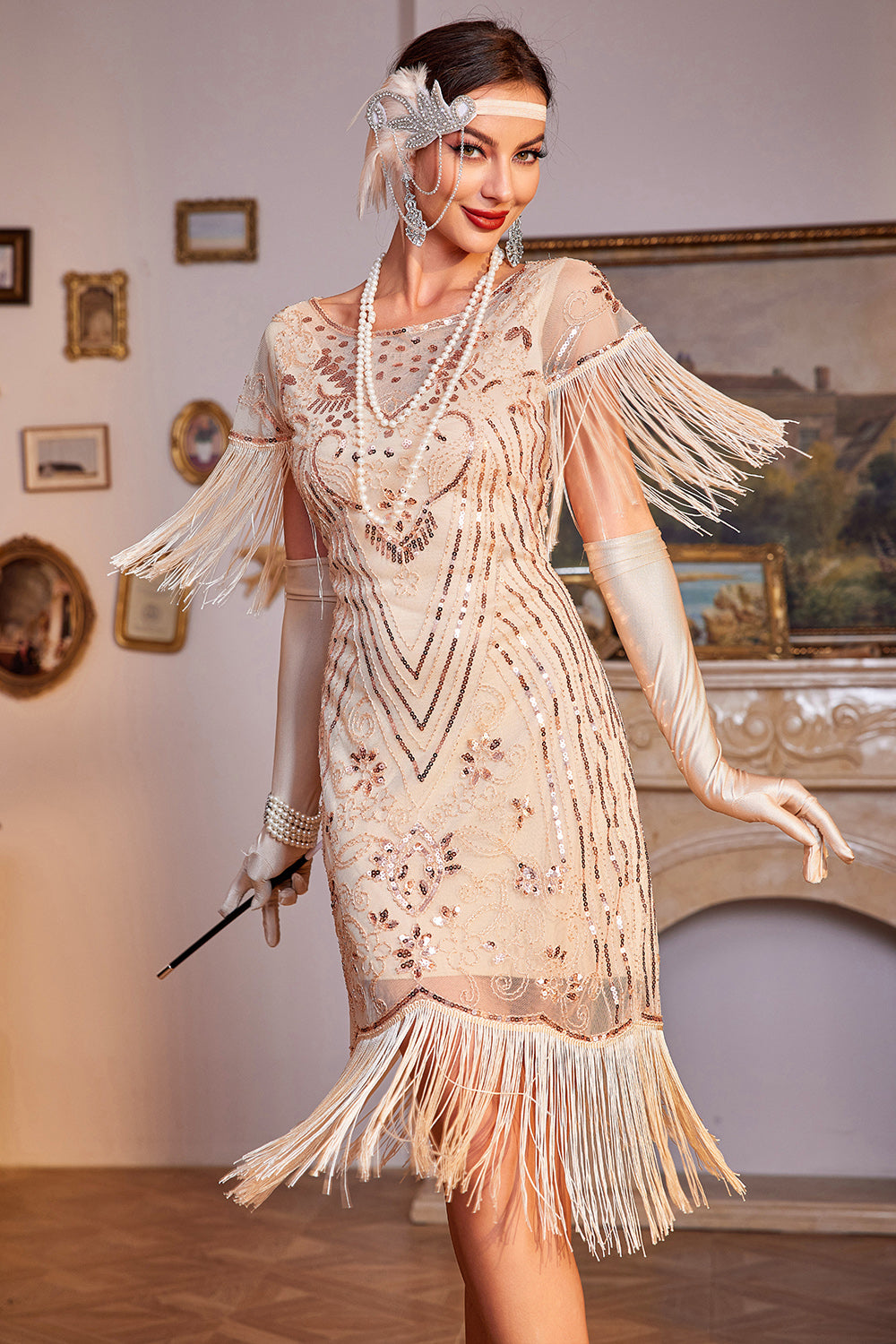 Champagne Sequins Great Gatsby Fringed Flapper Dress with Sleeve