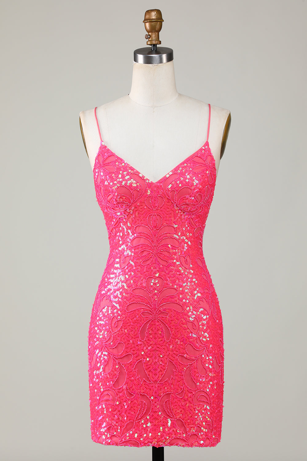 Sparkly Fuchsia Spaghetti Straps Beaded Tight Short Homecoming Dress