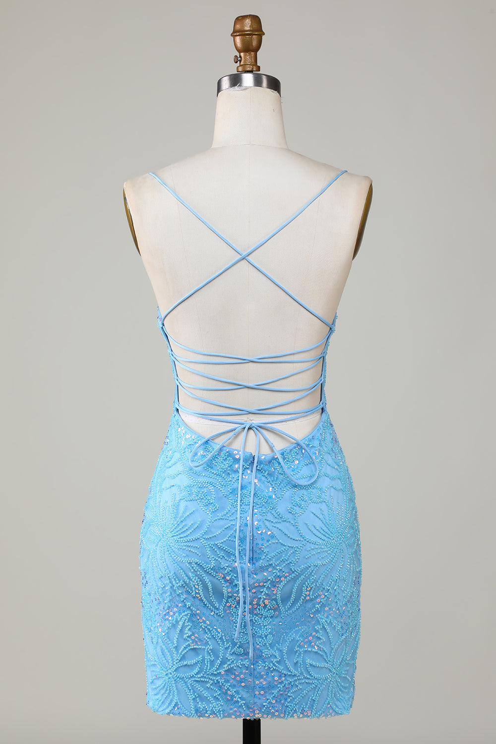 Sparkly Blue Spaghetti Straps Tight Short Homecoming Dress With Beading