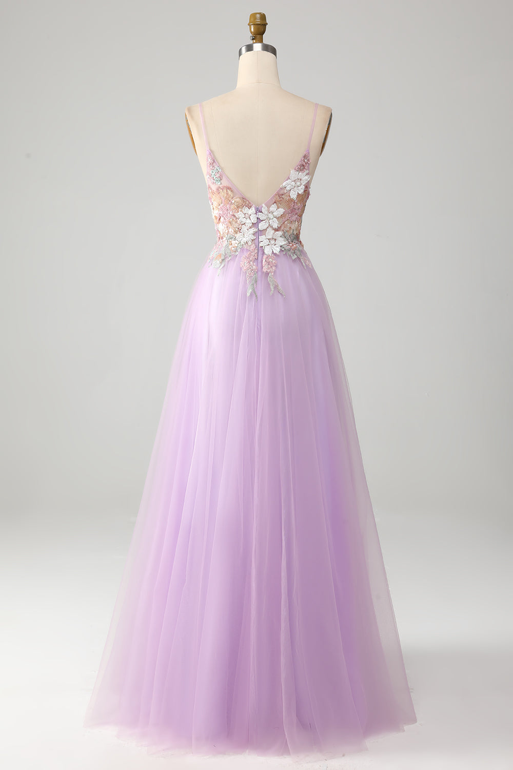 Glitter Lilac A-Line Spaghetti Straps Long Prom Dress with Flowers