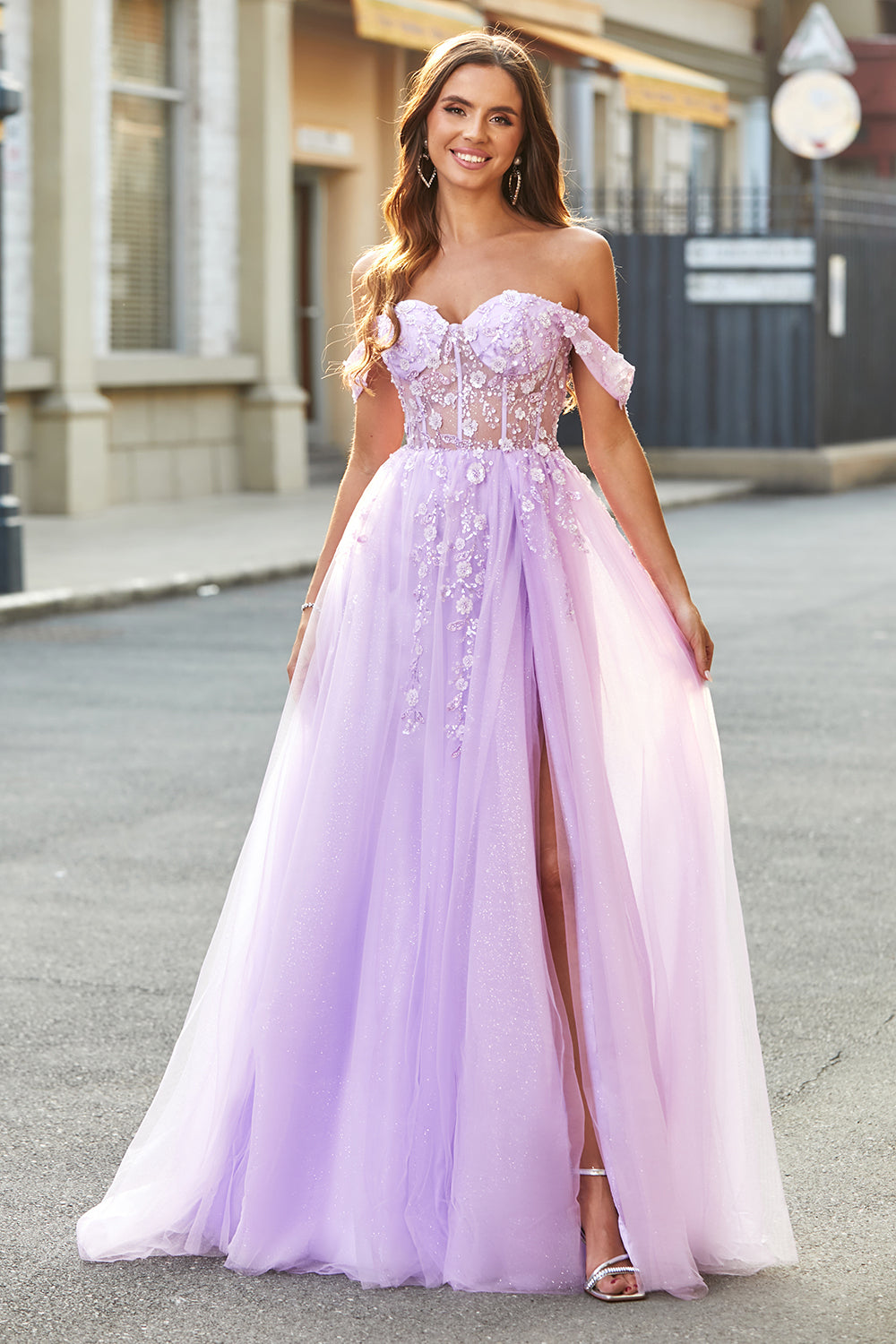 Lilac A-Line Off The Shoulder Beaded Long Corset Prom Dress With Slit