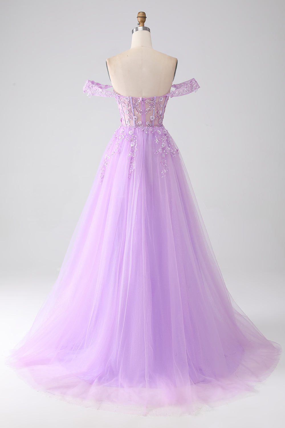 Lilac A-Line Off The Shoulder Beaded Corset Long Prom Dress With Slit