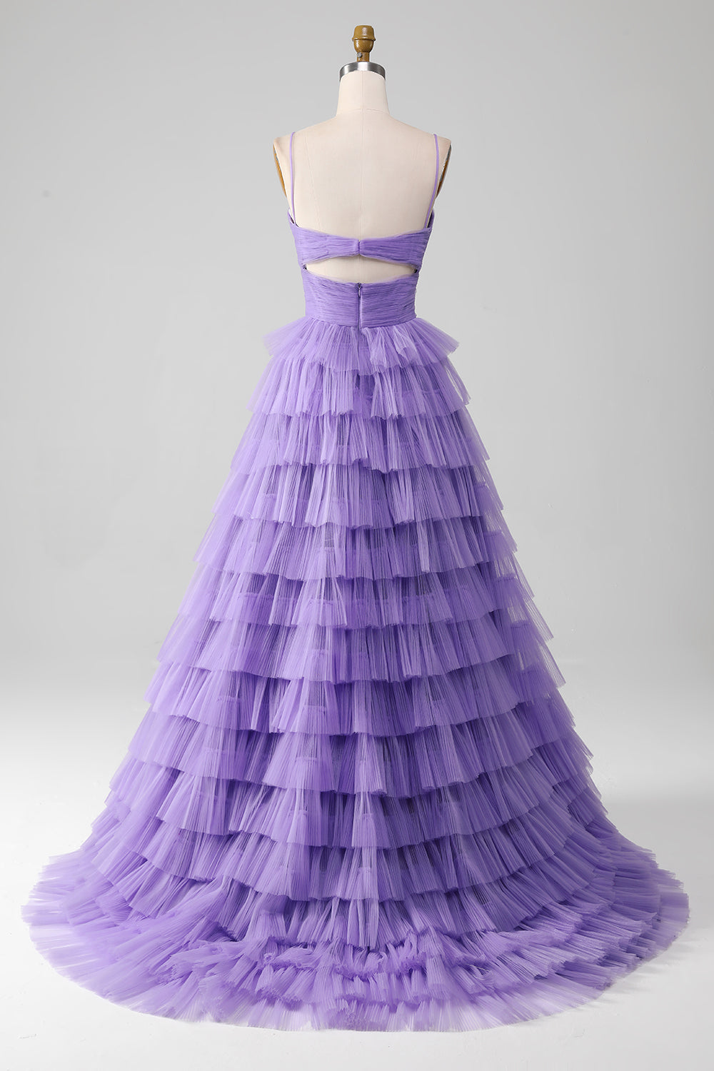 Purple Tulle A-Line Spaghetti Straps Cut Out Tiered Long Prom Dress with Ruffle Slit