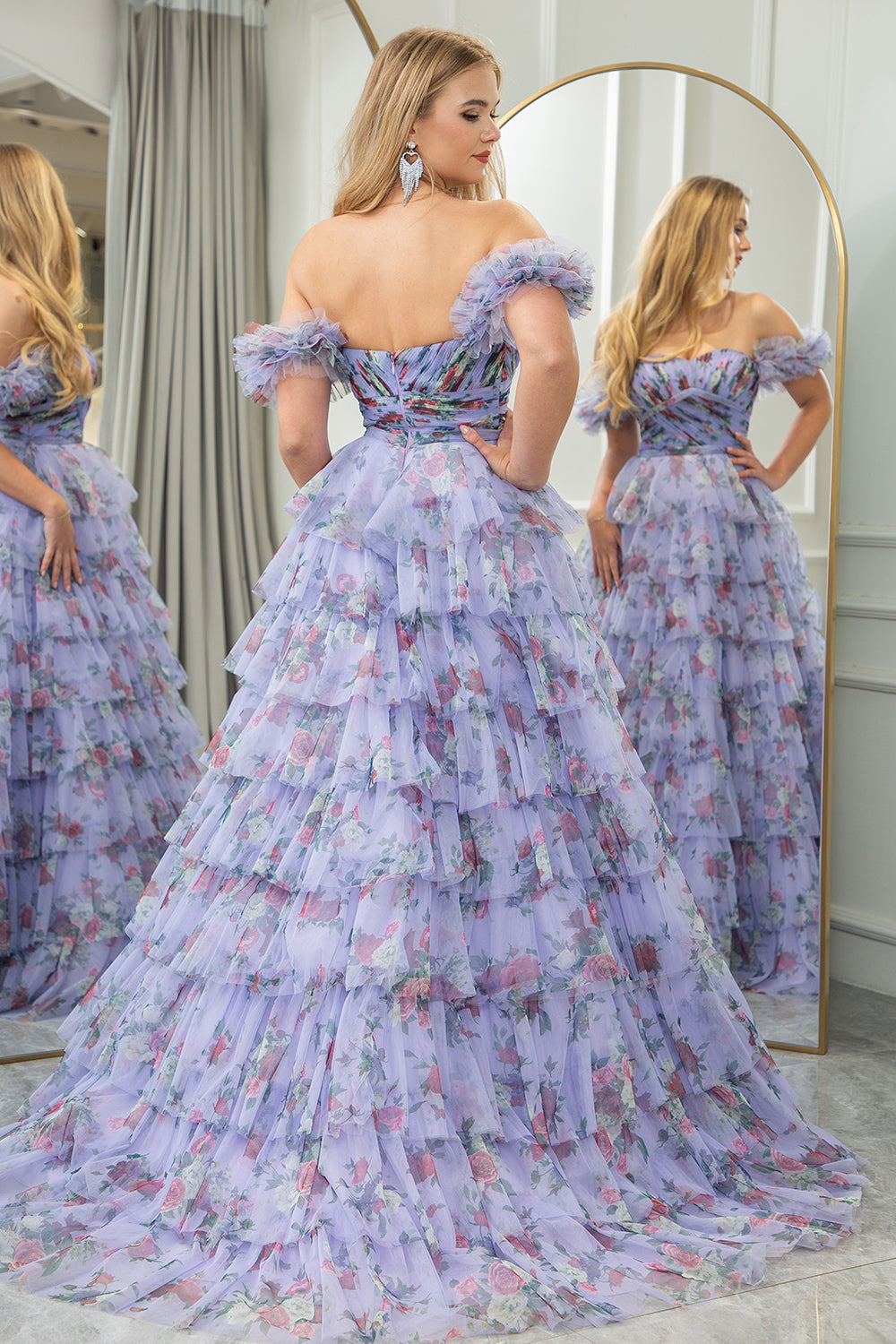 Lavendar A Line Sweetheart Pleated Floral Print Long Tiered Prom Dress