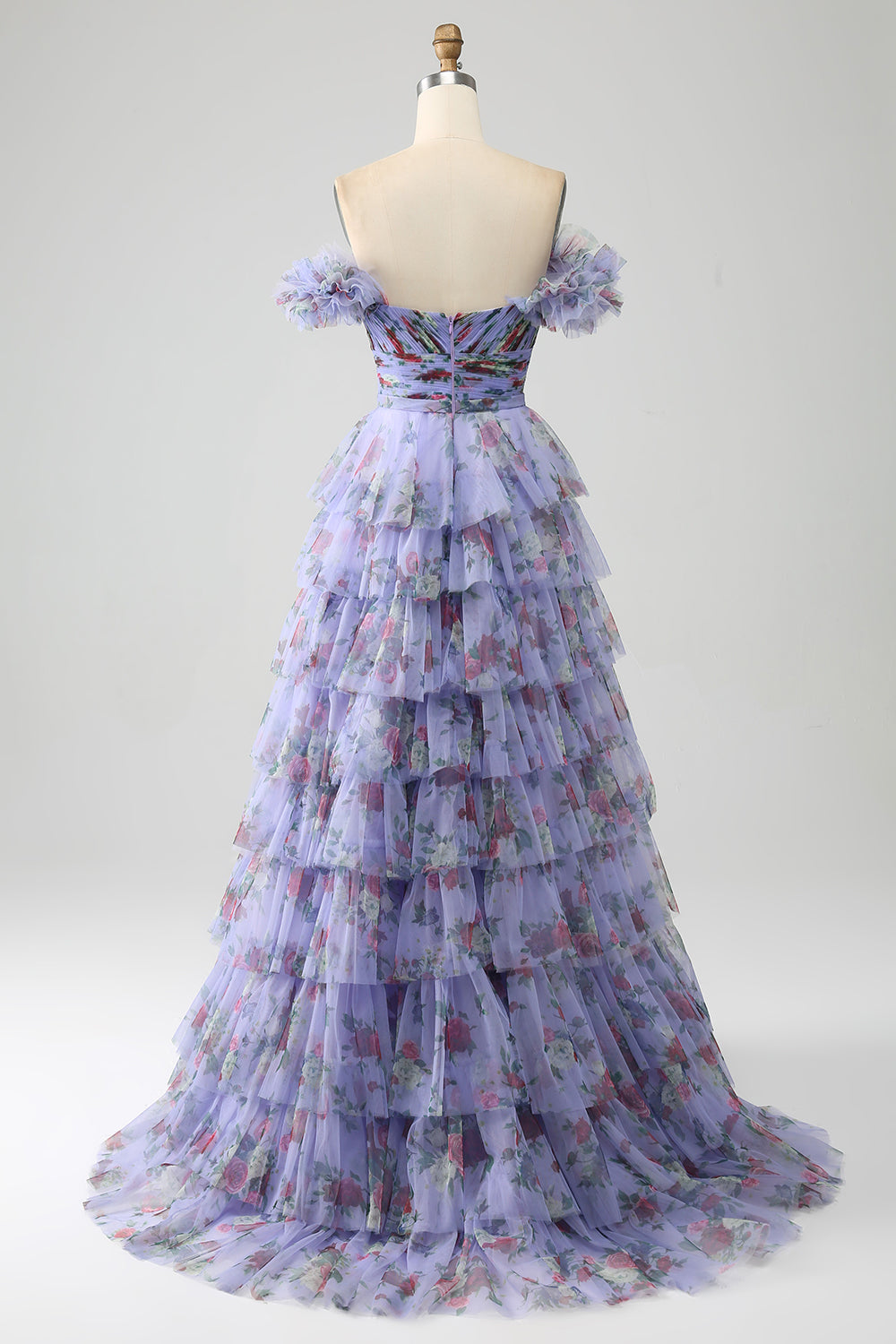 Lavender A-Line Off the Shoulder Floral Printed Tiered Prom Dress with Pleated