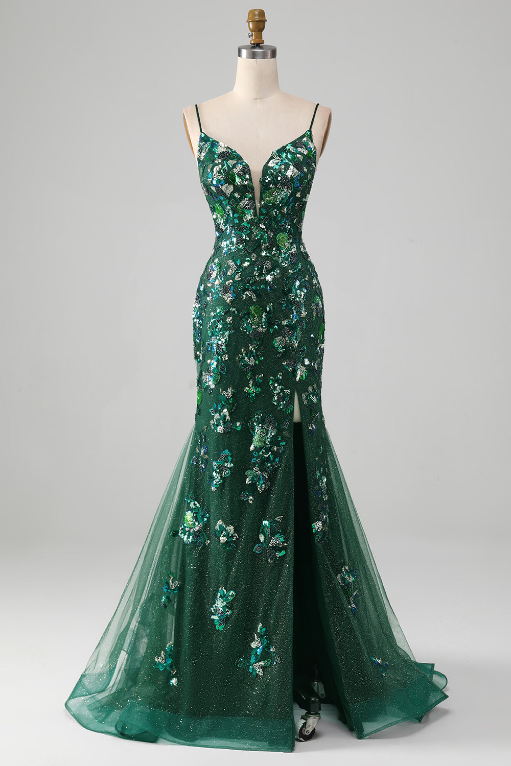 Dark Green Mermaid Lace-Up Back Prom Dress with Butterflies Appliques