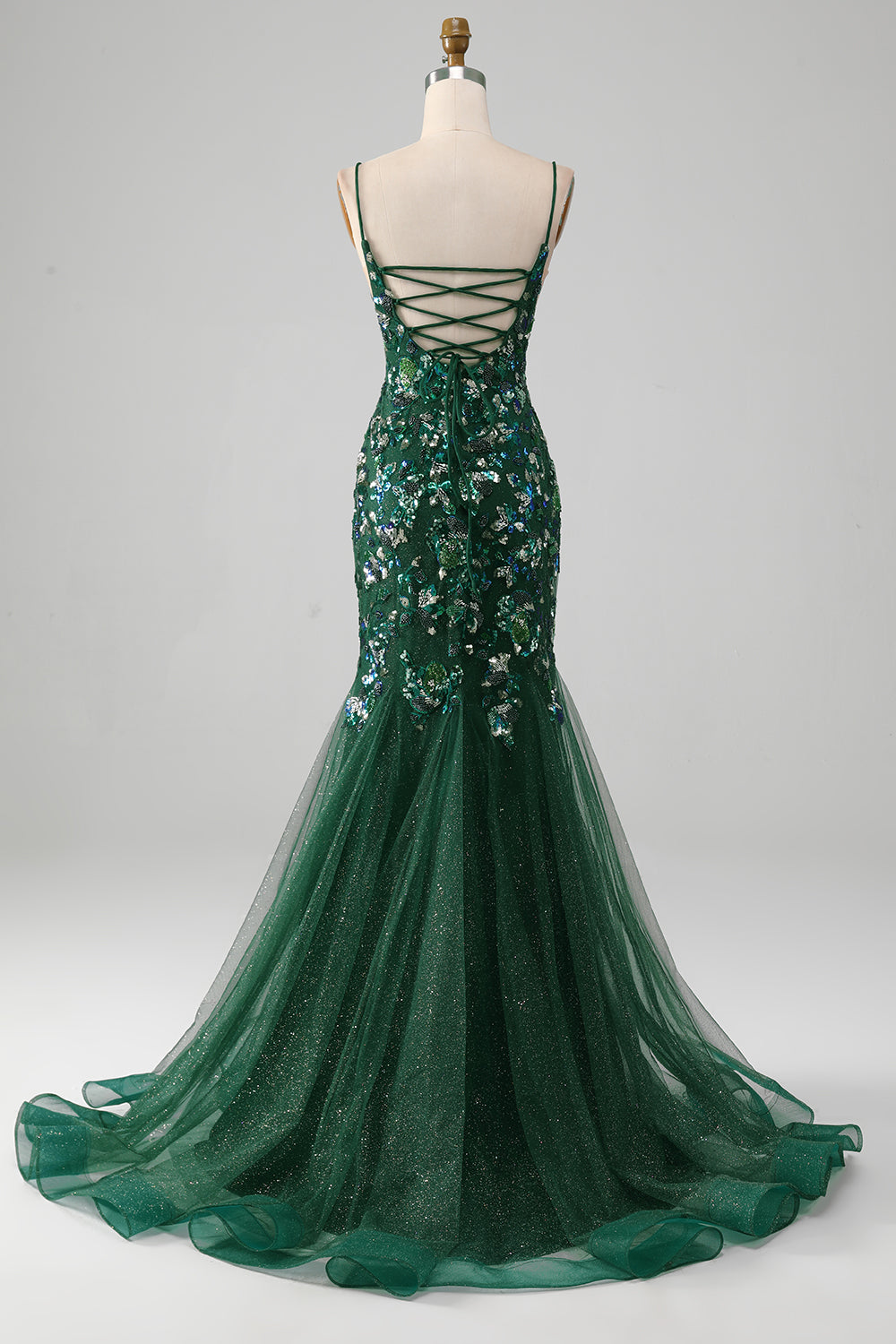 Dark Green Mermaid Lace-Up Back Prom Dress with Butterflies Appliques