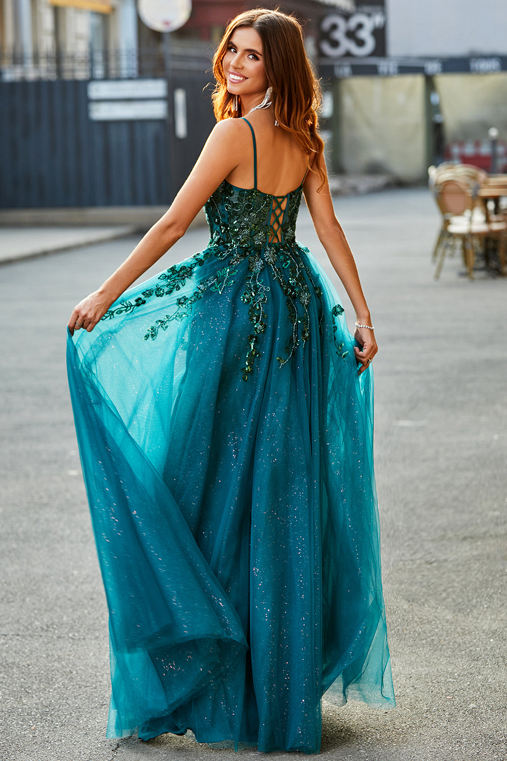 Dark Green A Line Spaghetti Straps Tulle Long Appliqued Prom Dress With Slit