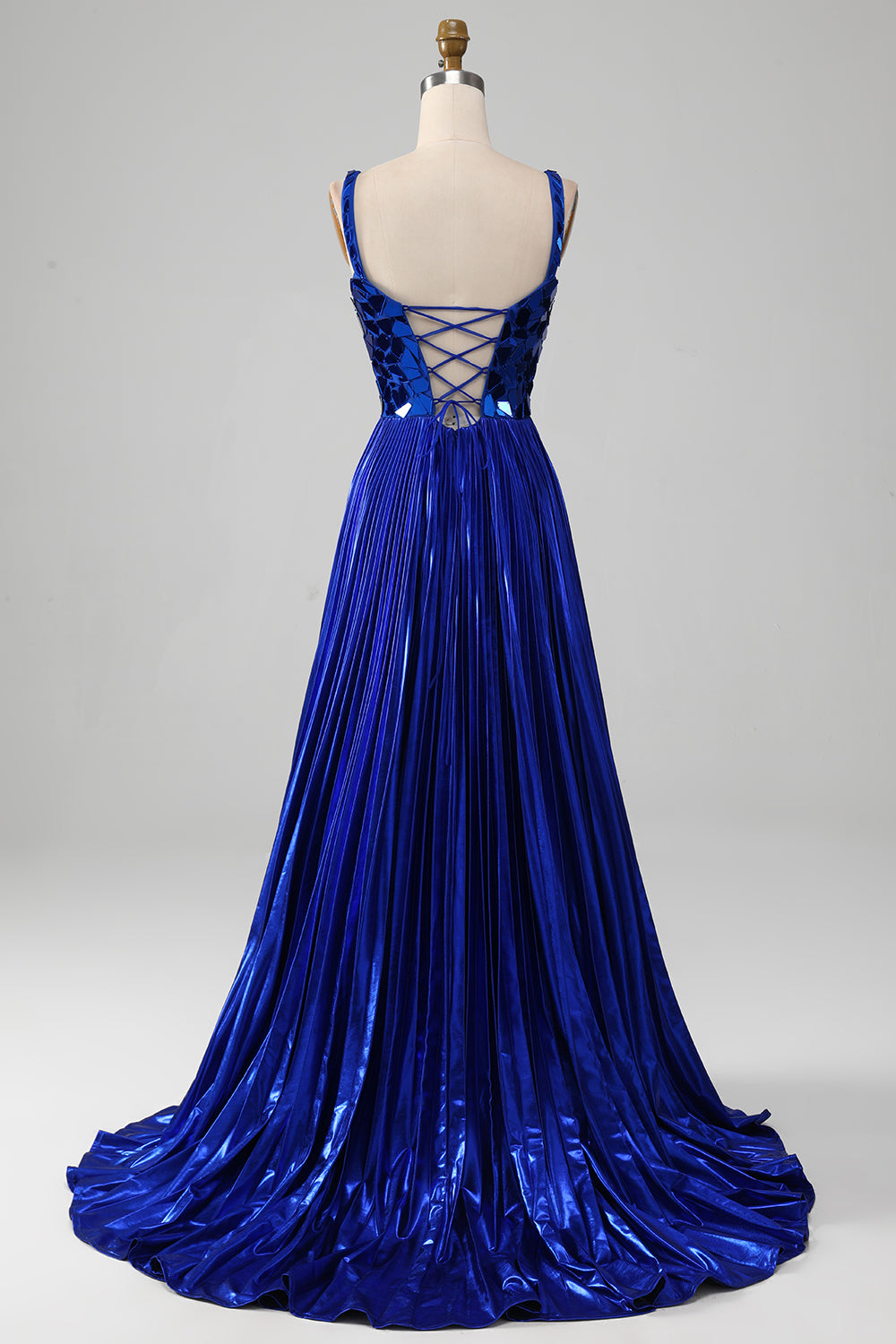 Sparkly Royal Blue A-Line Lace-Up Back Pleated Prom Dress with Slit