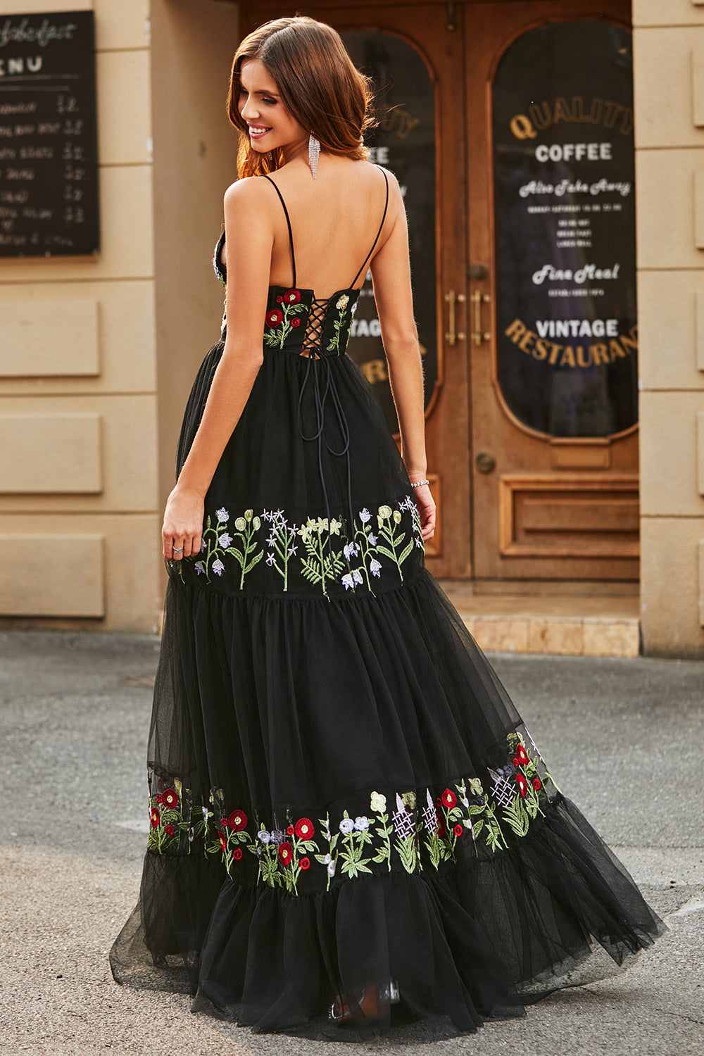 A-Line Spaghetti Straps Tulle Black Prom Dress With Embroidery