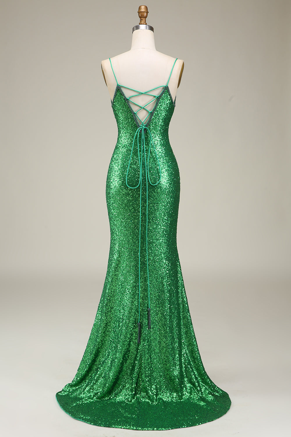 Sparkly Mermaid Spaghetti Straps Green Sequins Prom Dress with Split Front