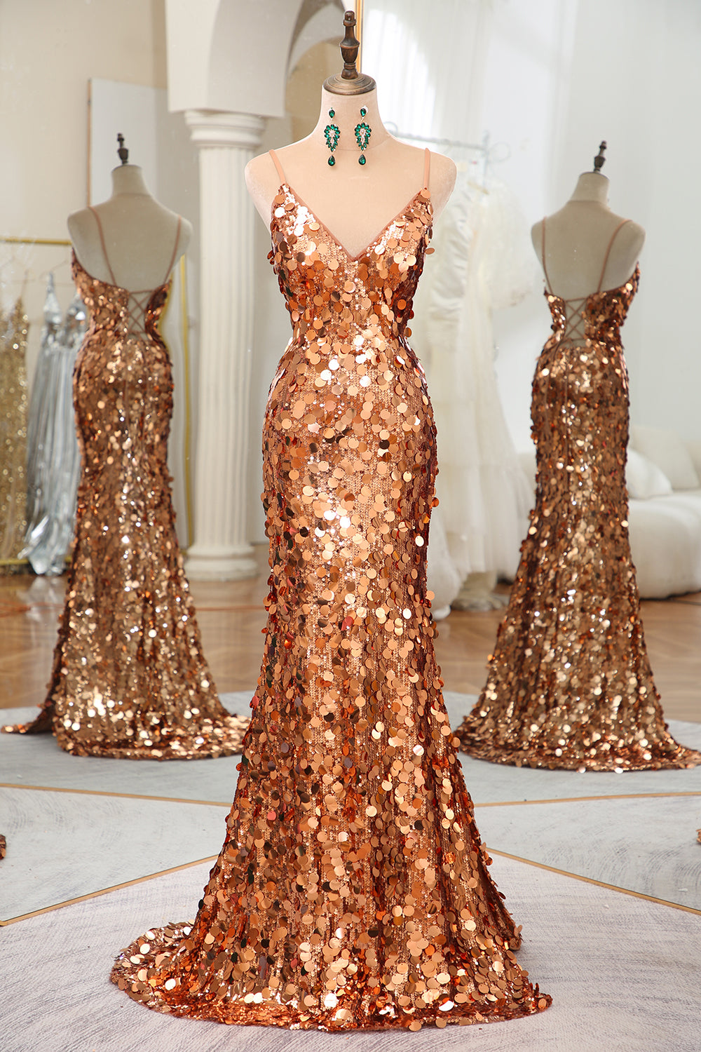 Sparkly Rose Golden Mermaid Floor-Length Mirror Prom Dress With Slit