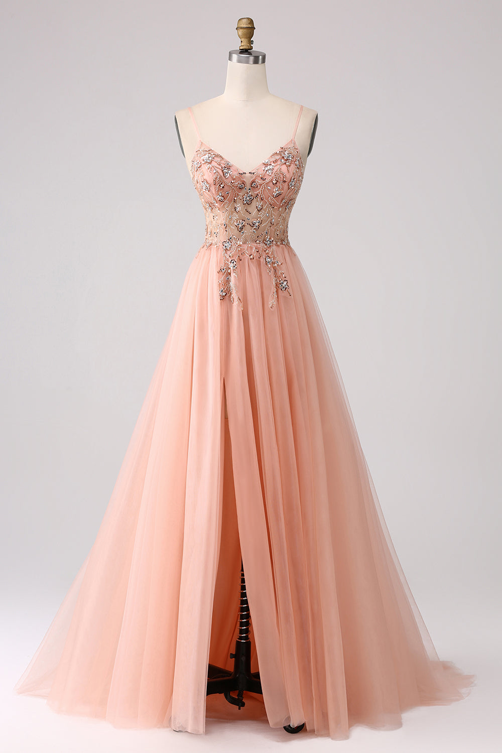 Sparkly Blush A-Line Spaghetti Straps Beaded Long Prom Dress With Slit