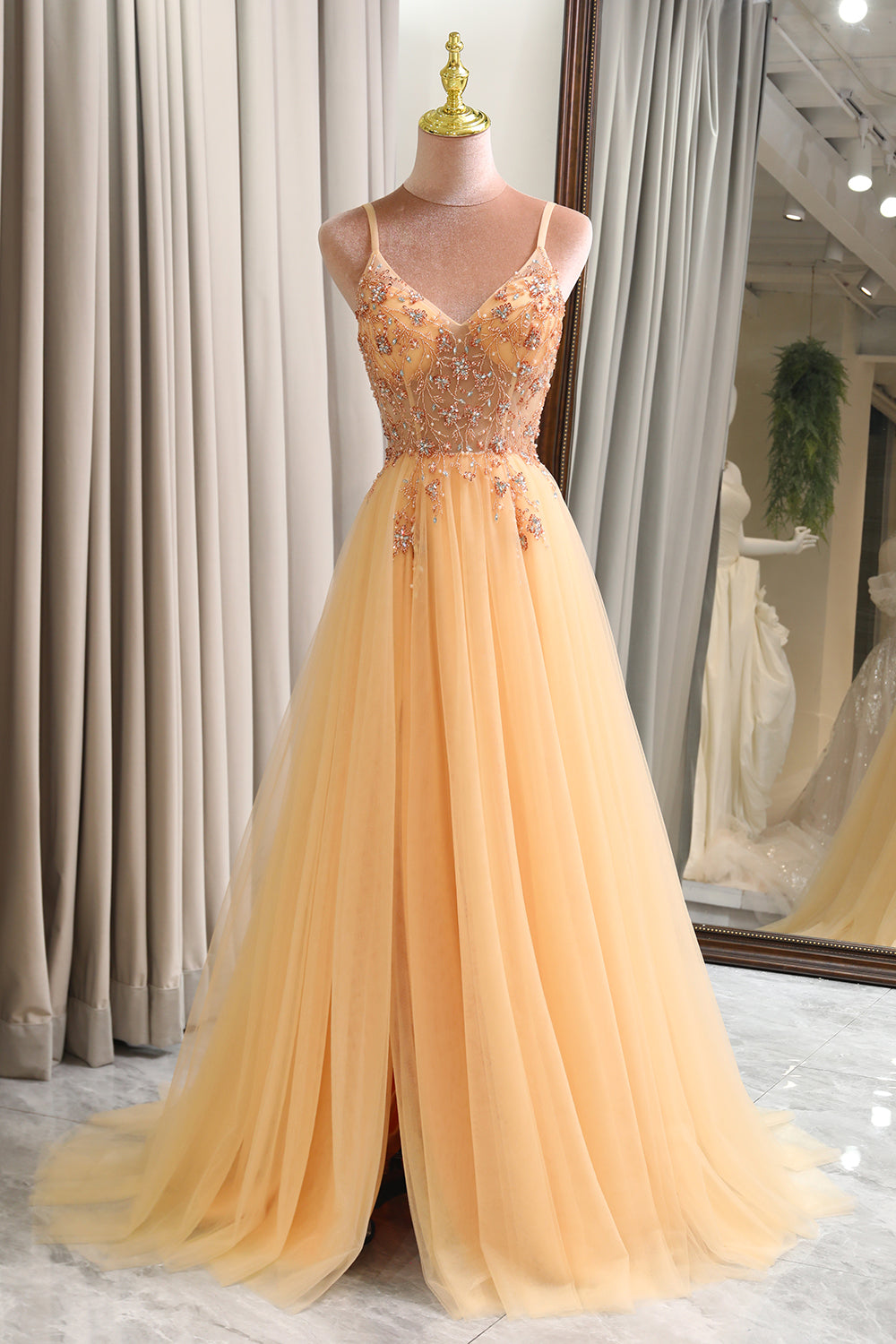 Charming A Line Spaghetti Straps Golden Long Prom Dress with Beading