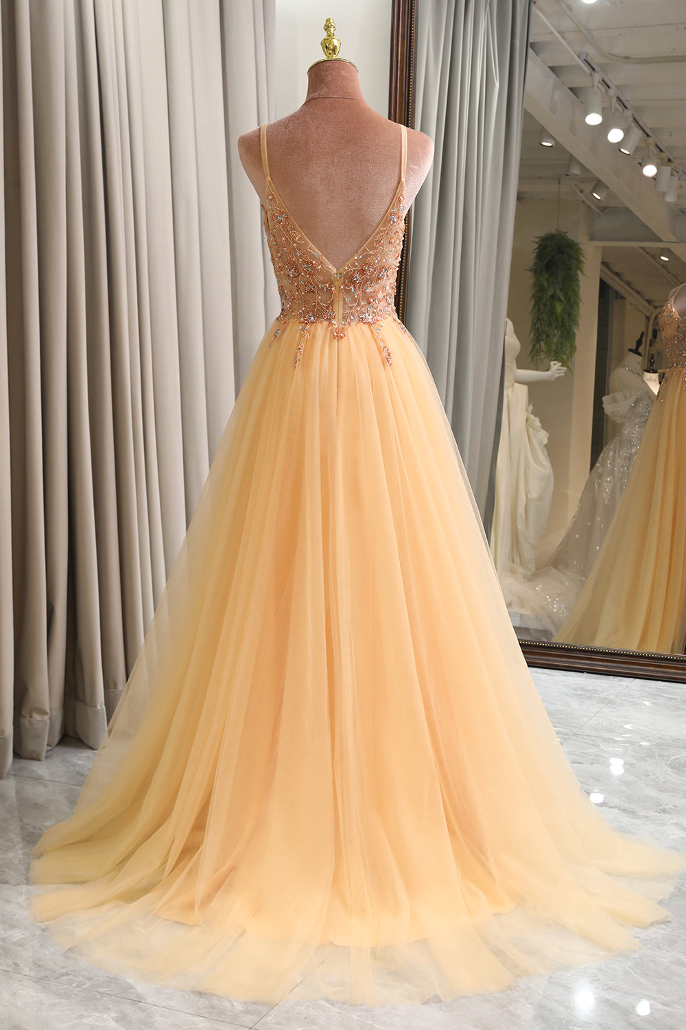 Charming A Line Spaghetti Straps Golden Long Prom Dress with Beading