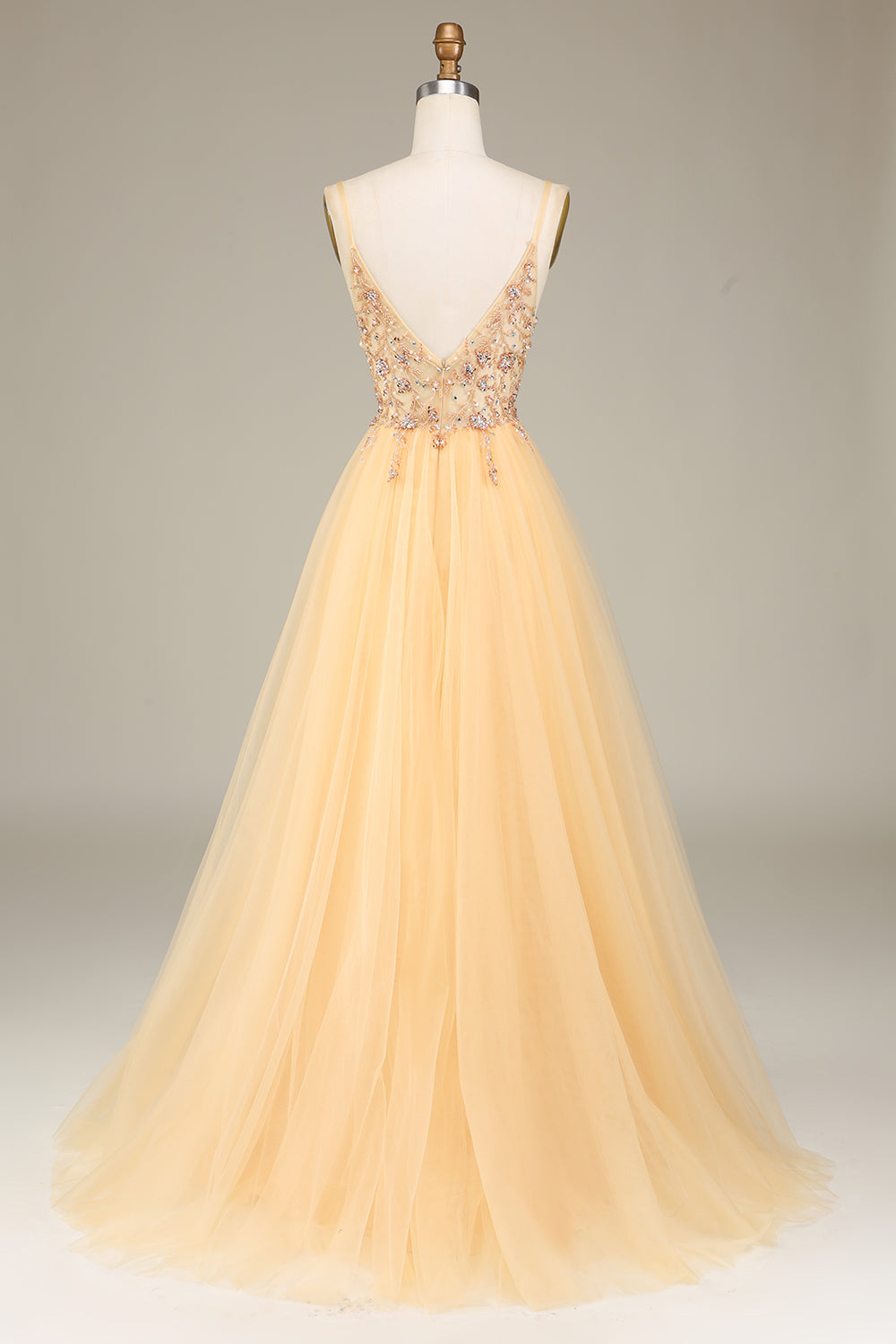 Charming Golden A Line Spaghetti Straps Long Prom Dress with Beading