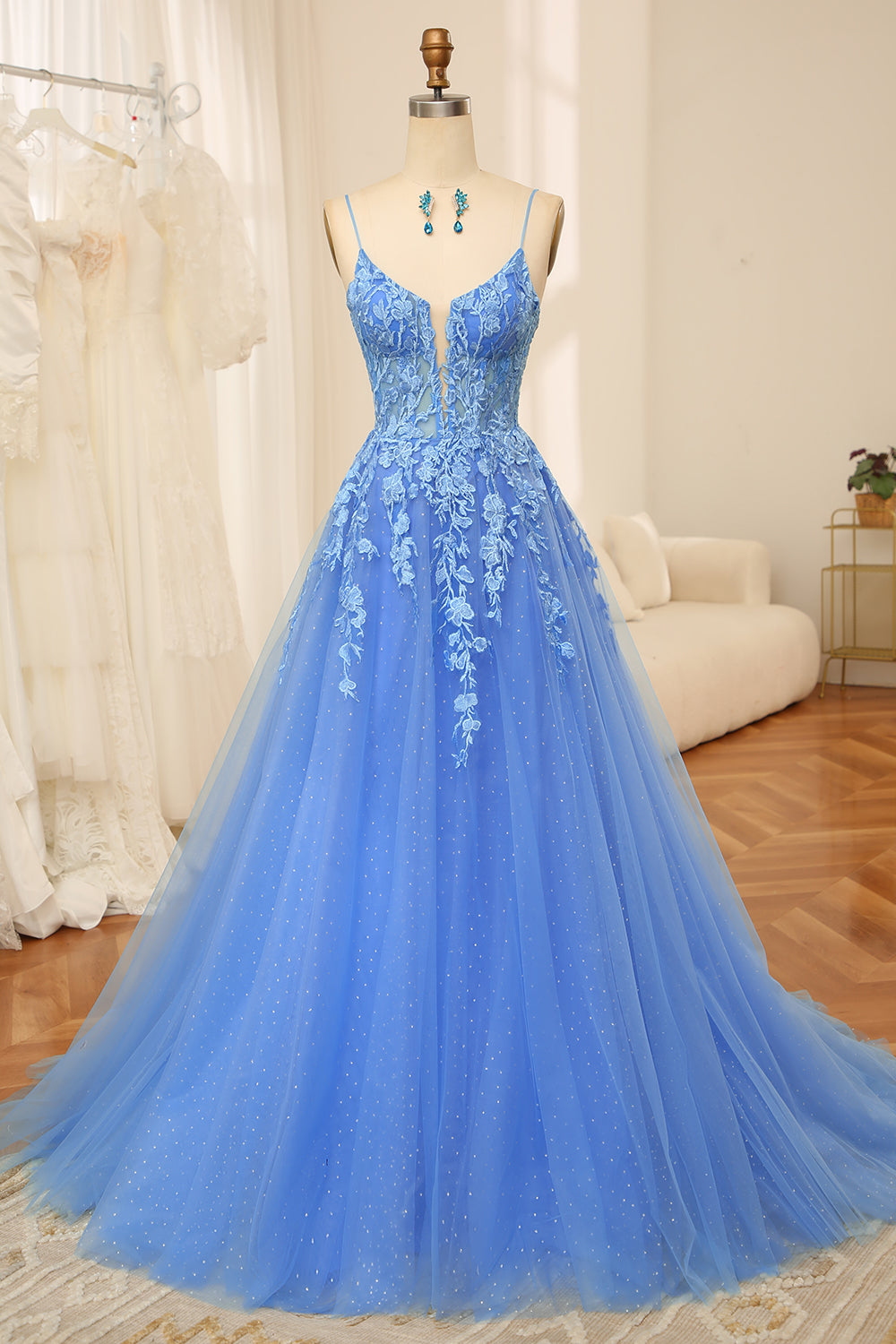 Blue A Line Spaghetti Straps Tulle Long Prom Dress With Beaded Appliques