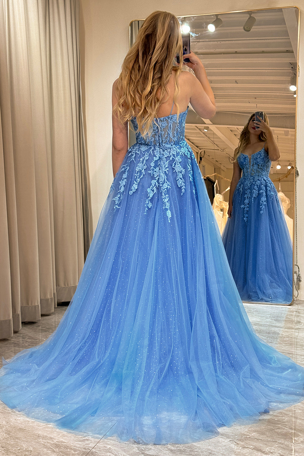 A-Line Spaghetti Straps Tulle Long Blue Prom Dress With Appliques