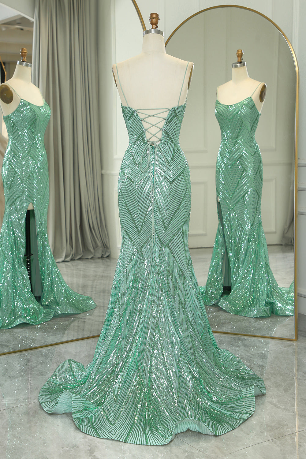 Sparkly Green Mermaid Spaghetti Straps Long Prom Dress With Slit