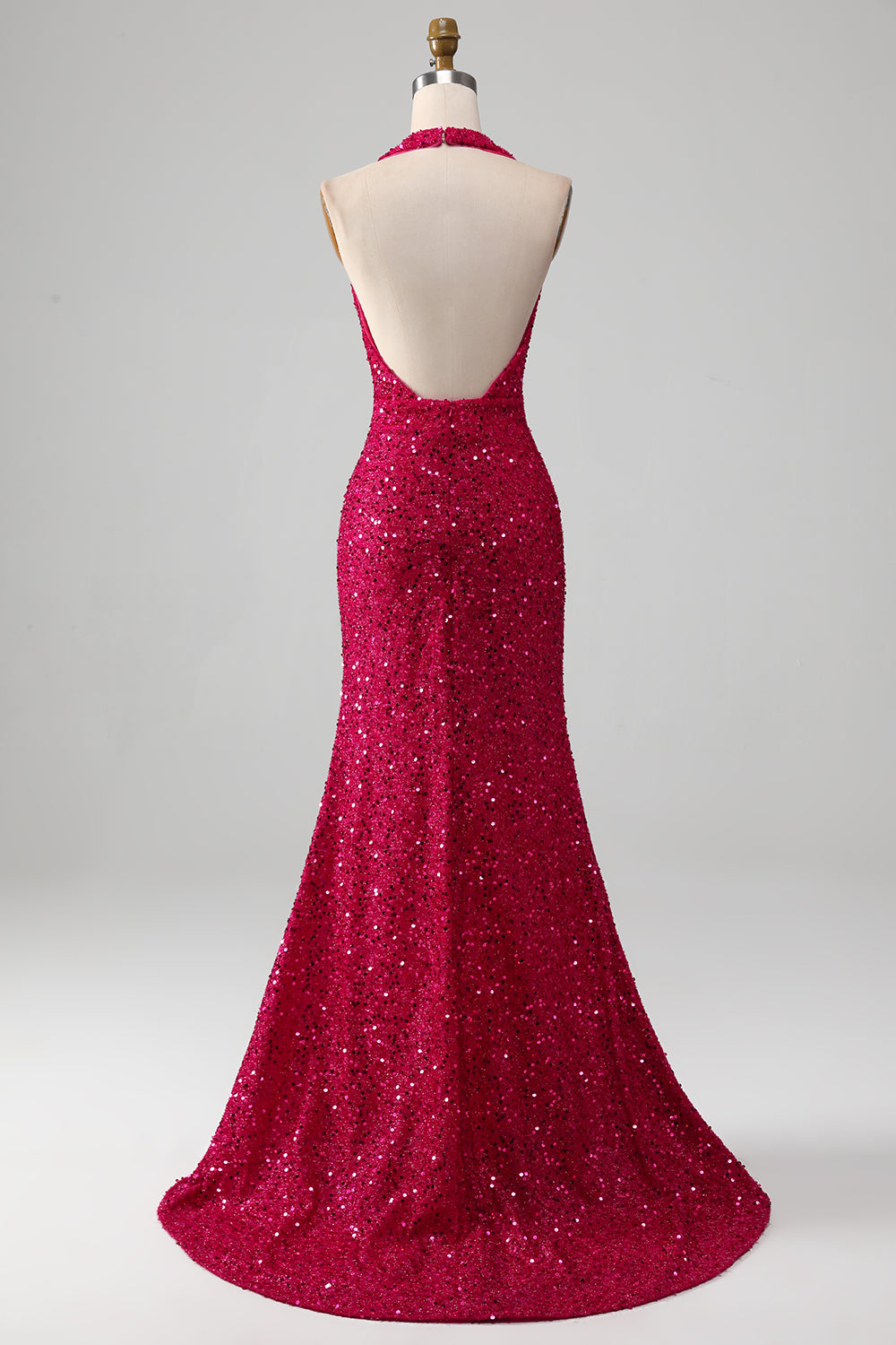 Fuchsia Mermaid Halter Backless Sparkly Sequin Prom Dress With Slit