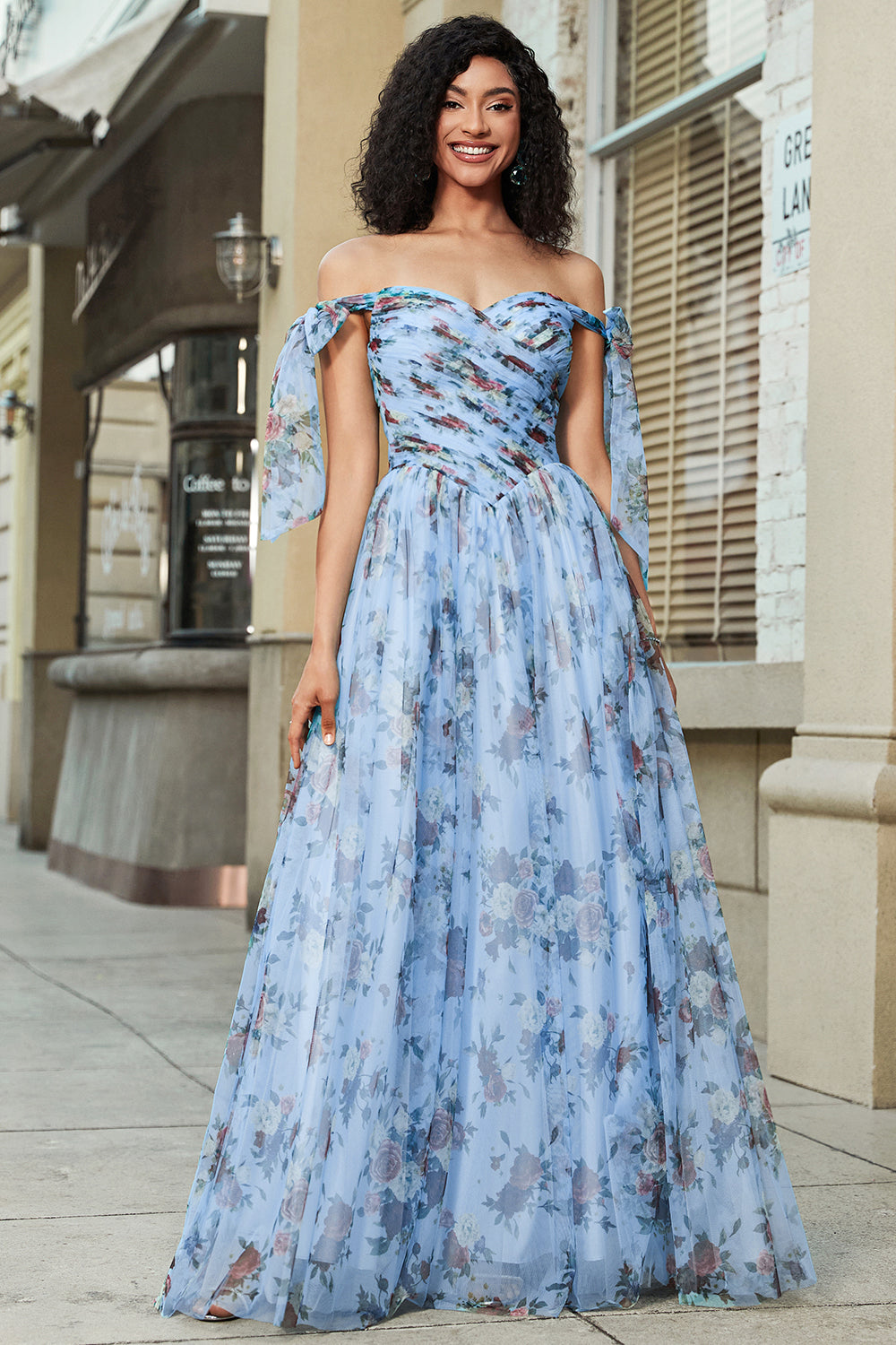 Blue A-Line Off The Shoulder Floral Print Pleated Tulle Prom Dress