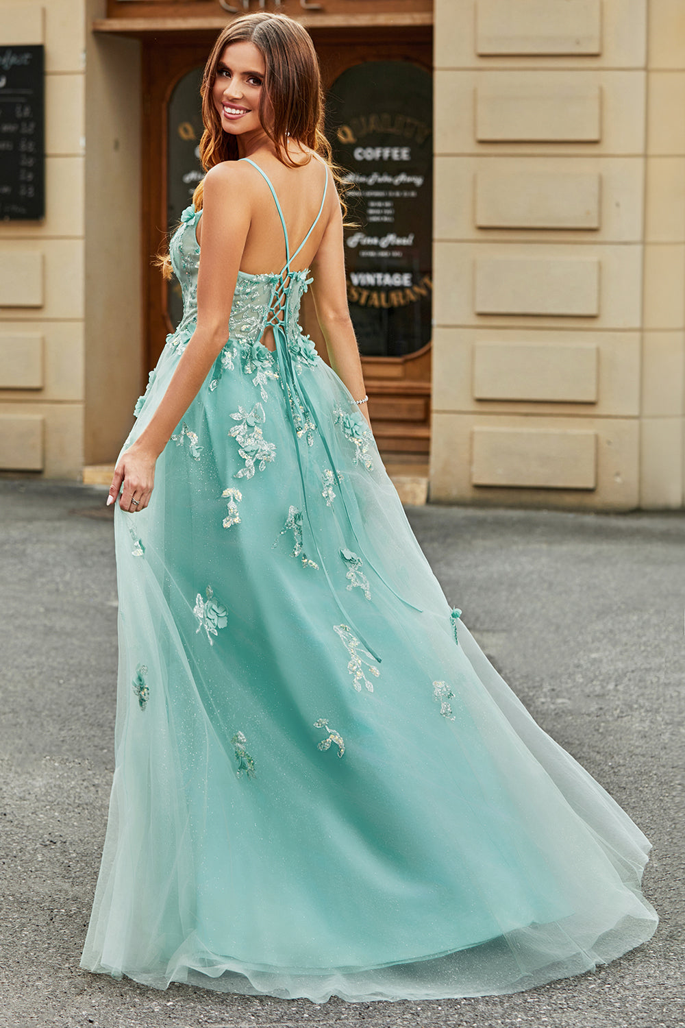 Green A-Line Spaghetti Straps Long Sparkly Applique Prom Dress With Slit