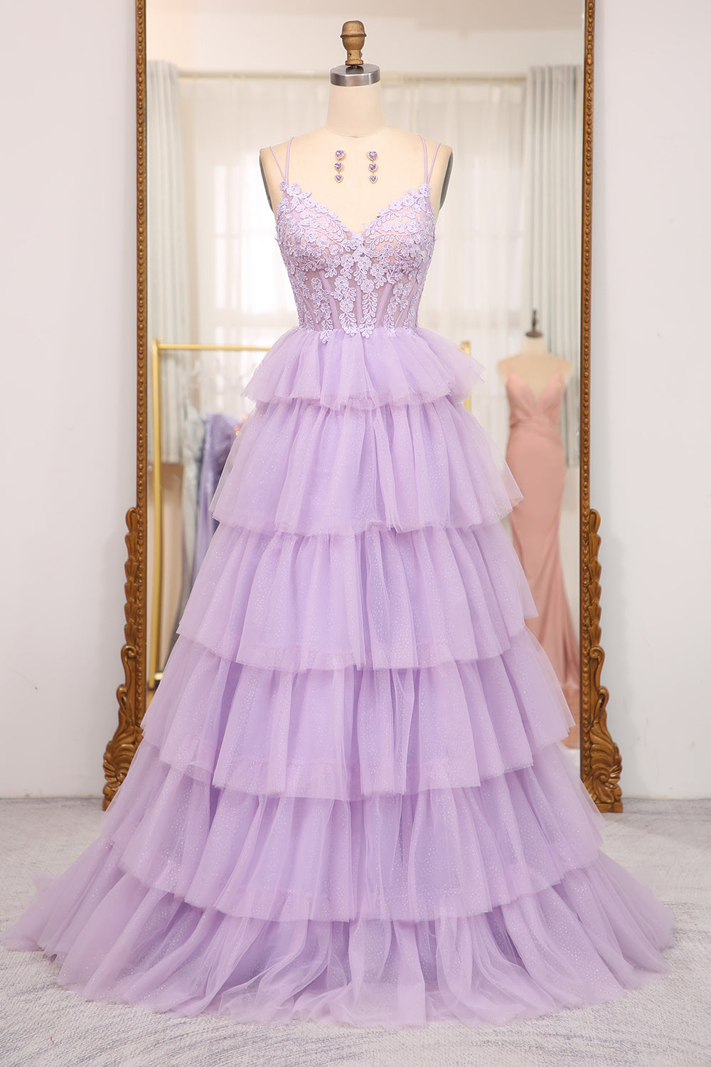 Elegant Lilac A Line Tulle Tiered Long Corset Prom Dress With Appliques