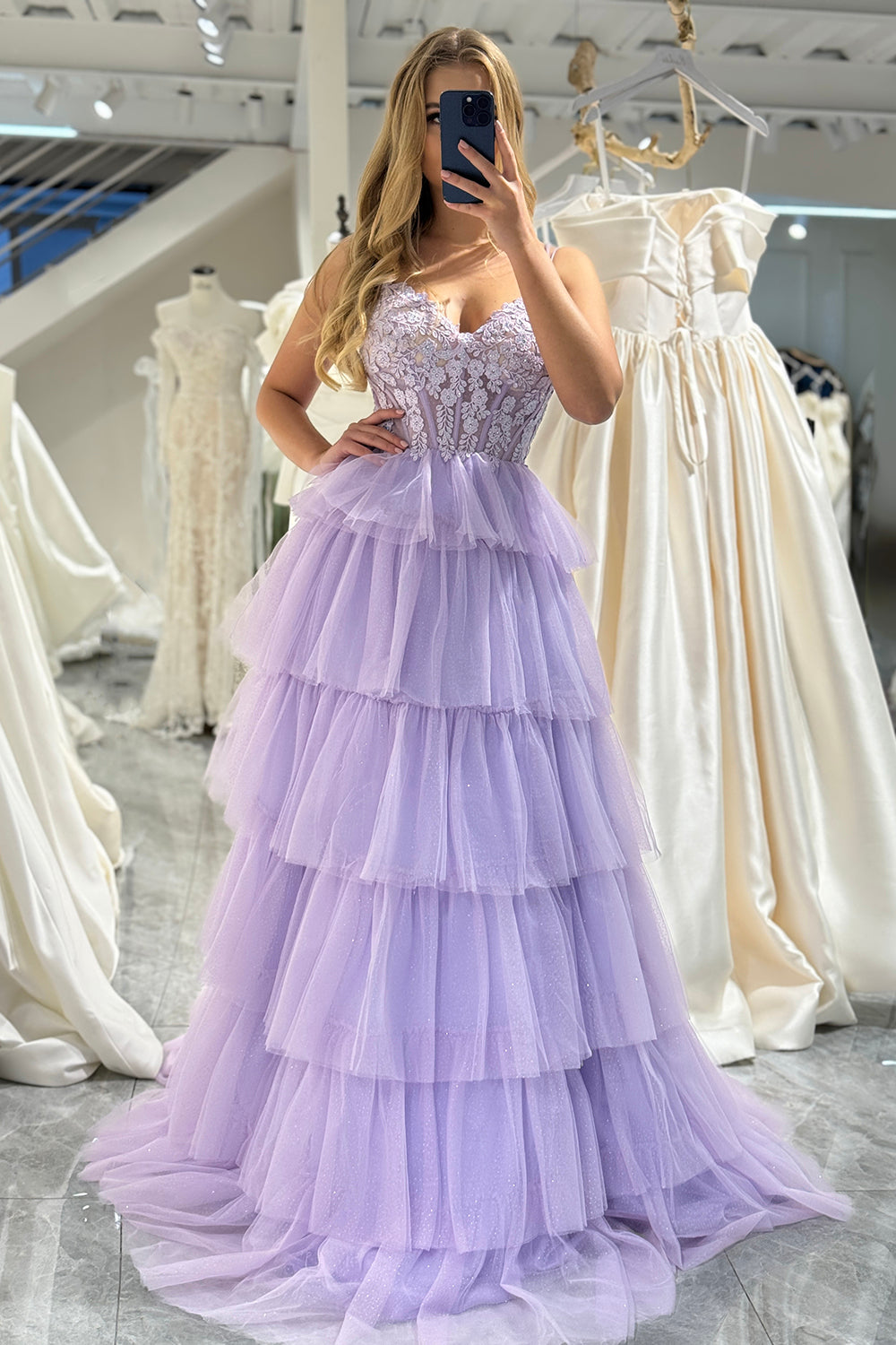 Lilac Tulle A Line Corset Tiered Long Prom Dress With Appliques