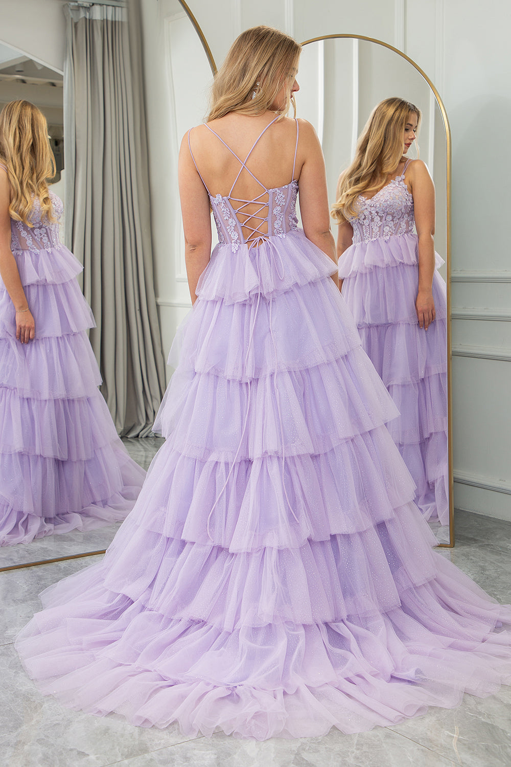 Lilac Tulle A Line Corset Tiered Long Prom Dress With Appliques