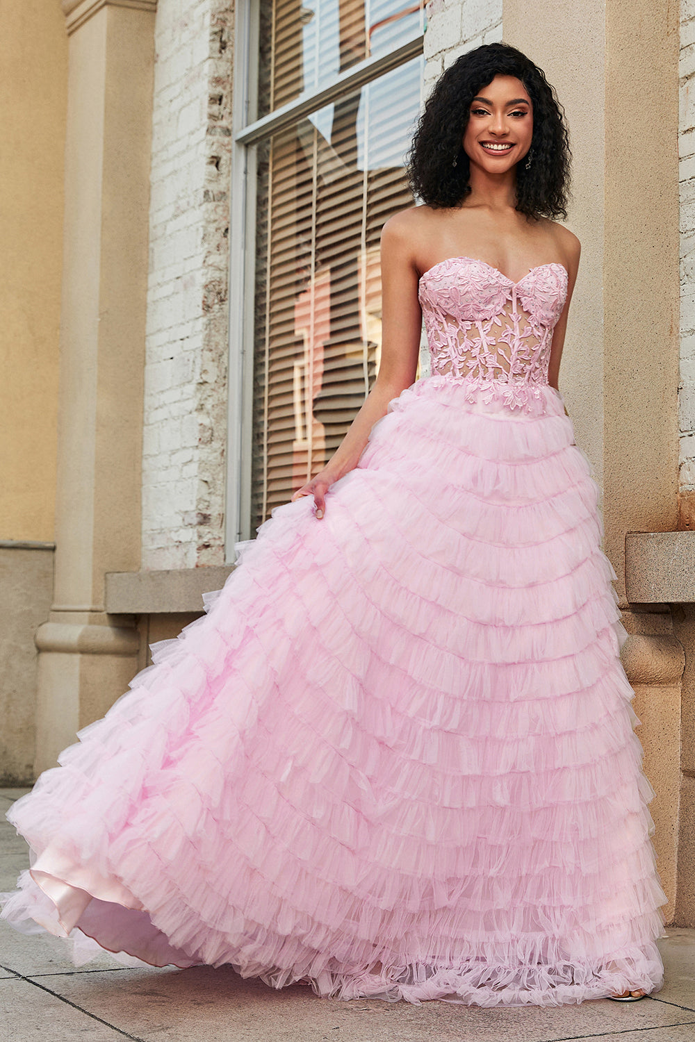 Pink A Line Sweetheart Pleated Tiered Long Prom Dress