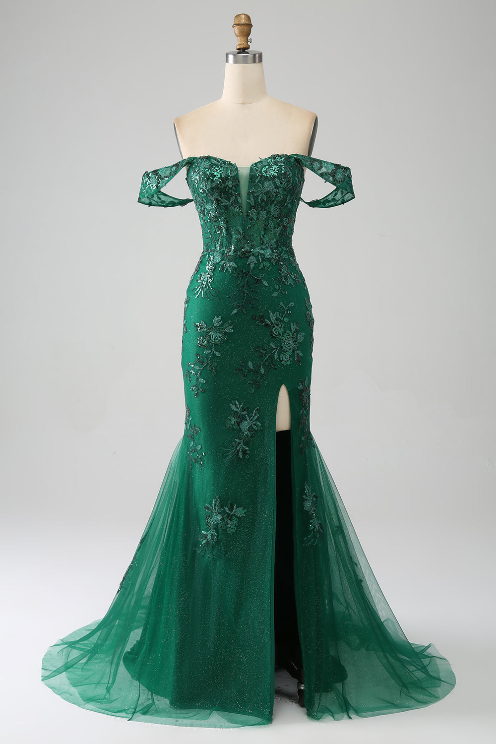 Mermaid Dark Green Off The Shoulder Applique Prom Dress with Slit