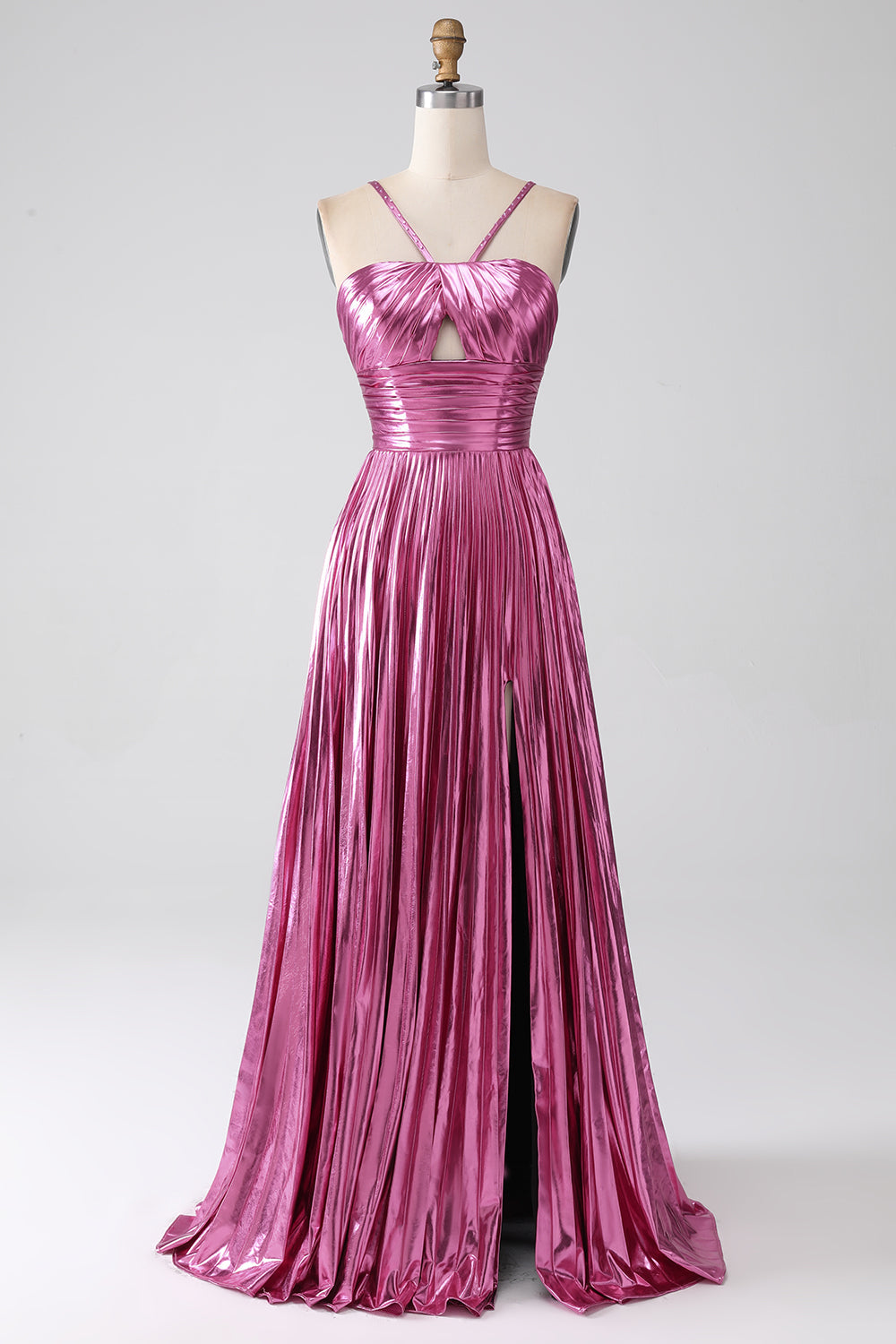 Fuchsia A-Line Spaghetti Straps Pleated Sparkly Metallic Prom Dress with Slit