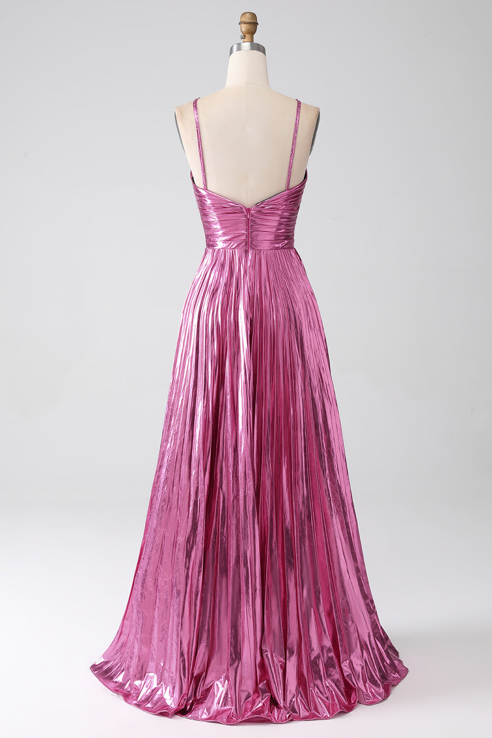 Fuchsia A-Line Spaghetti Straps Pleated Sparkly Metallic Prom Dress with Slit