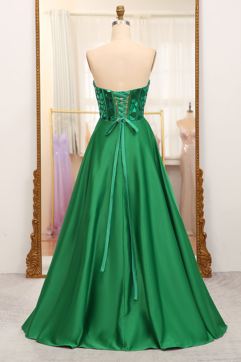 Dark Green A Line Sweetheart Mirror Long Prom Dress