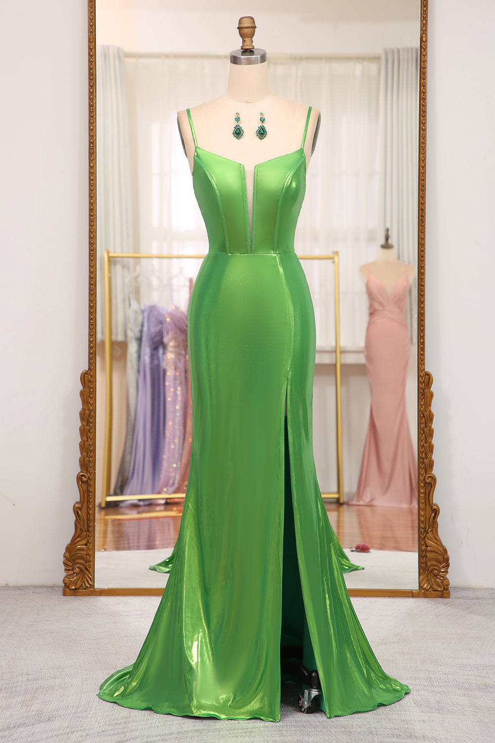 Bright Green Mermaid Spaghetti Straps Corset Long Prom Dress With Slit