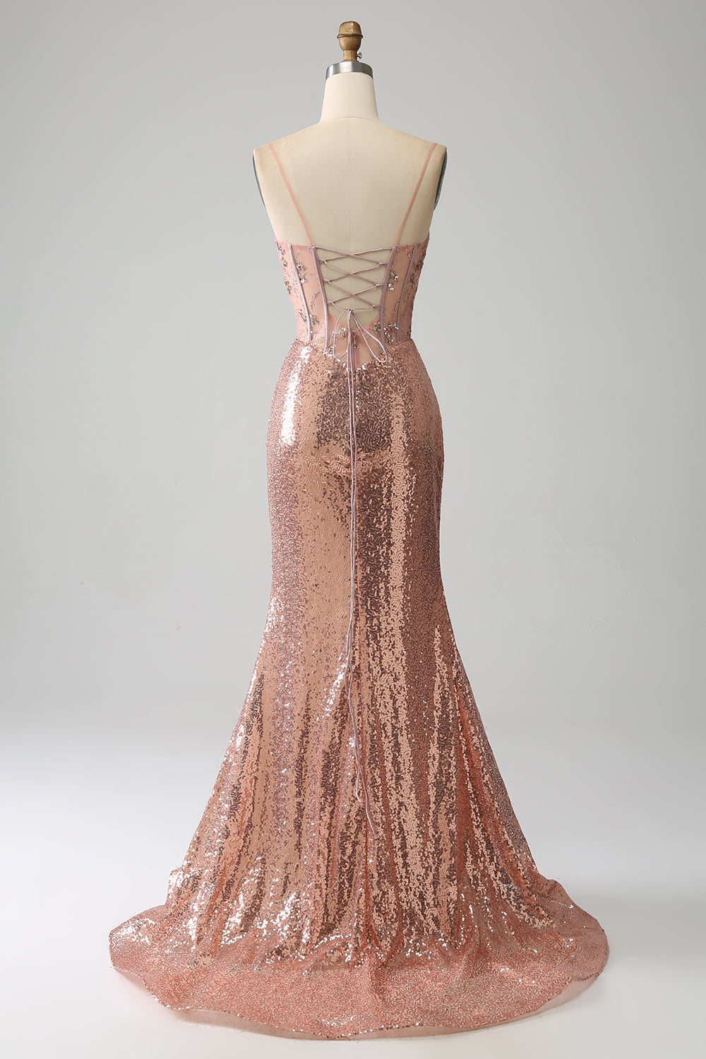 Sparkly Rose Golden Mermaid Beaded Ruched Sequin Corset Long Prom Dress with Slit