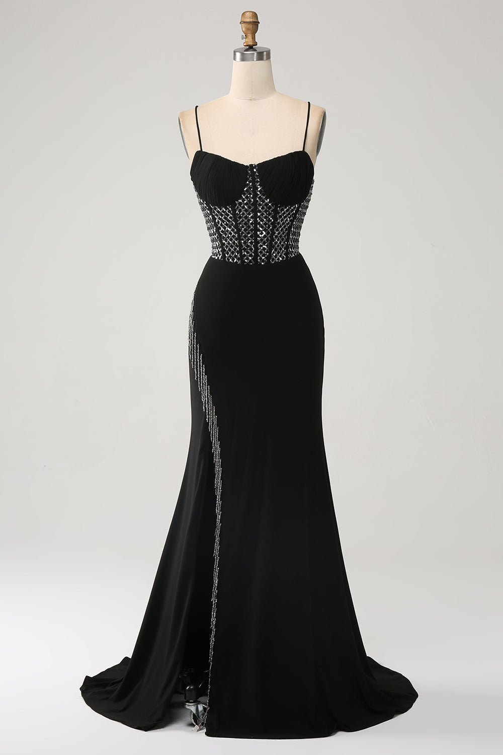 Gorgeous Black Mermaid Spaghetti Straps Strapless Sequin Prom Dresses with Slit