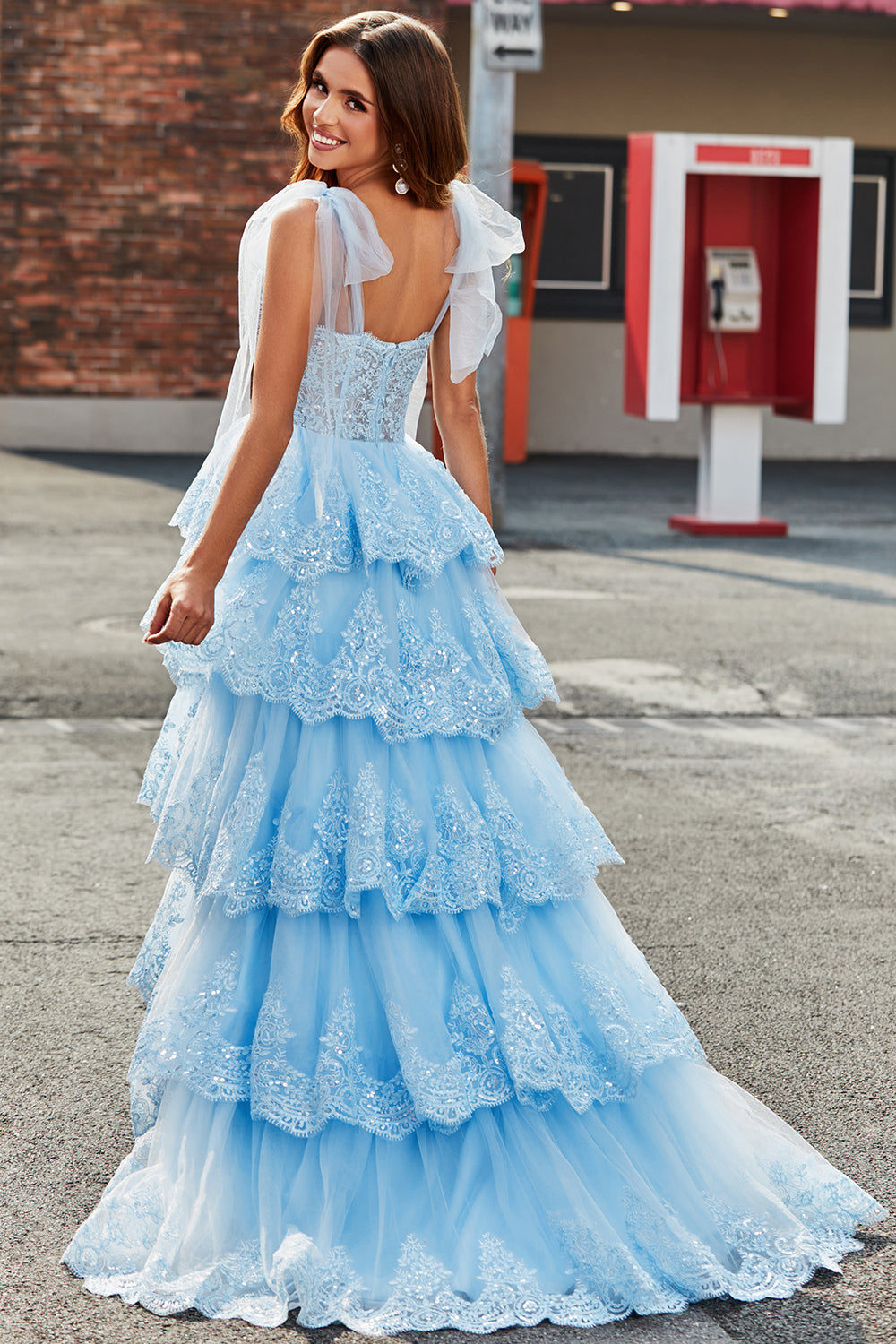 Princess Light Blue Bow Tie Straps Sequin Tiered Tulle Long Sparkly Prom Dress