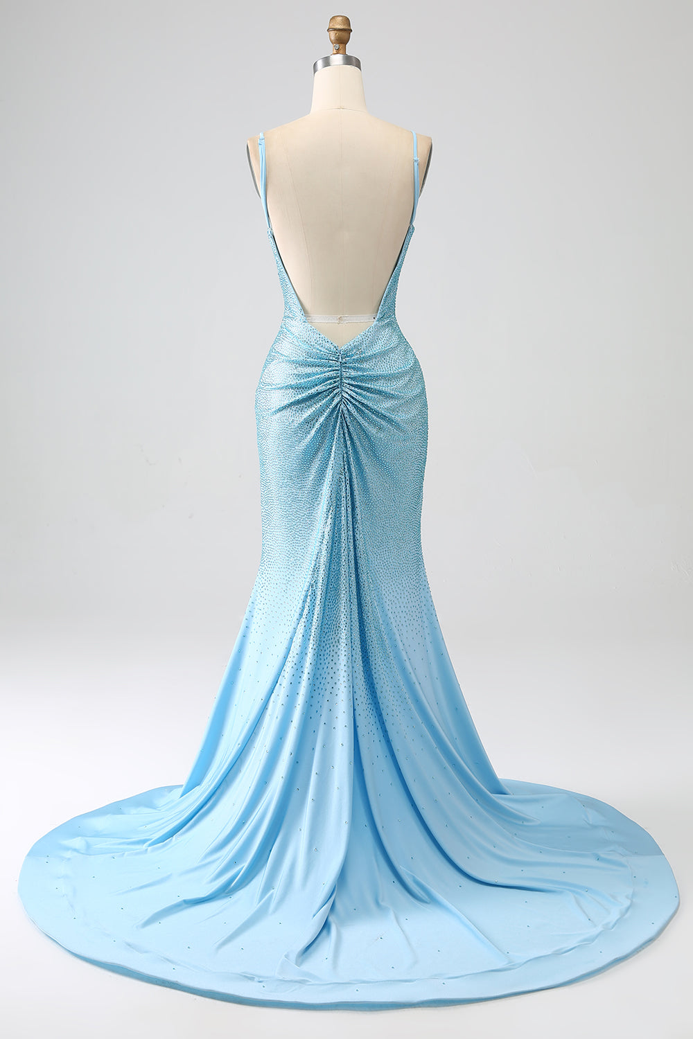 Sparkly Light Blue Mermaid Spaghetti Straps Beaded Long Prom Dress with Slit