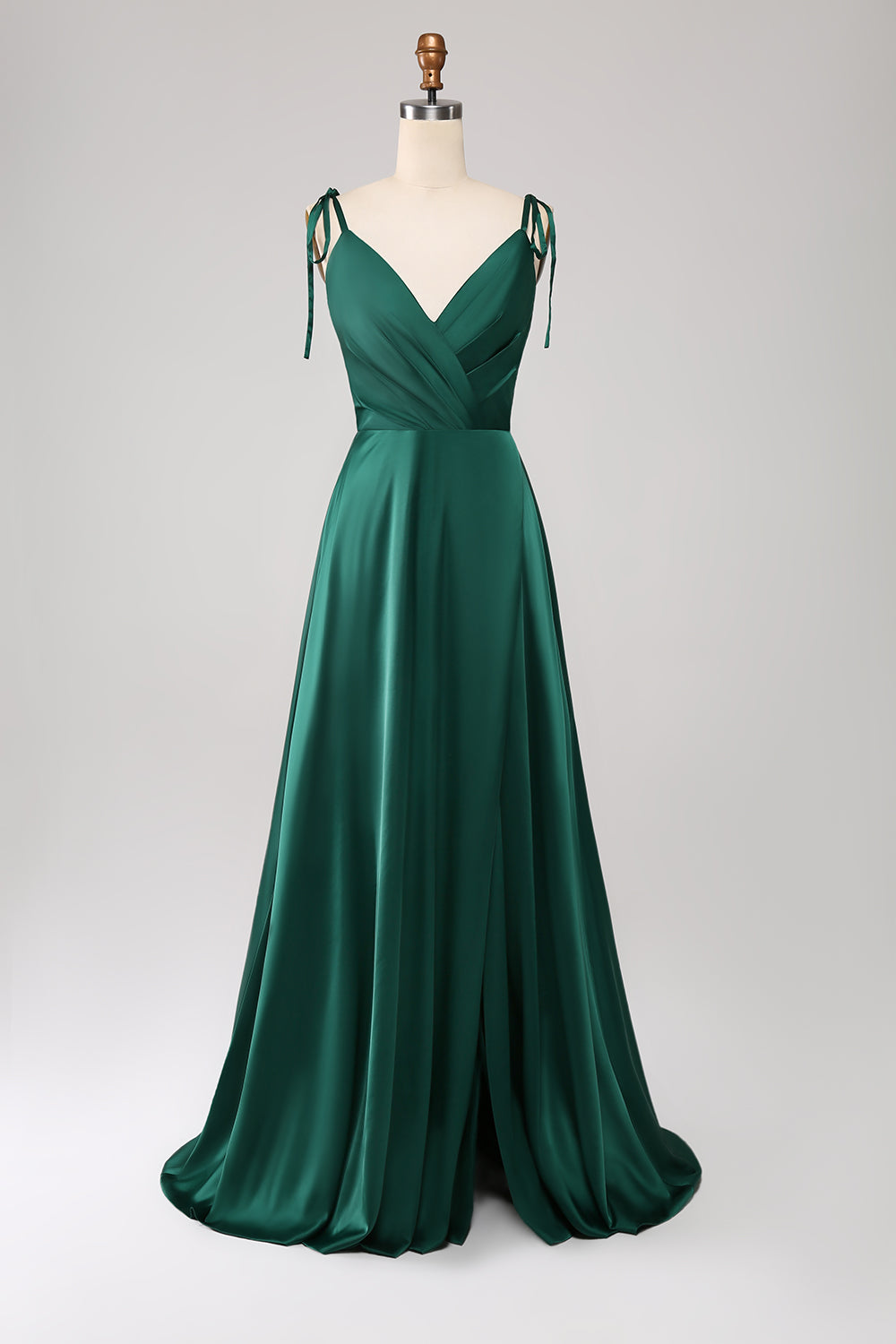 A-Line Spaghetti Straps Pleated Satin Long Dark Green Maxi Dress With Slit