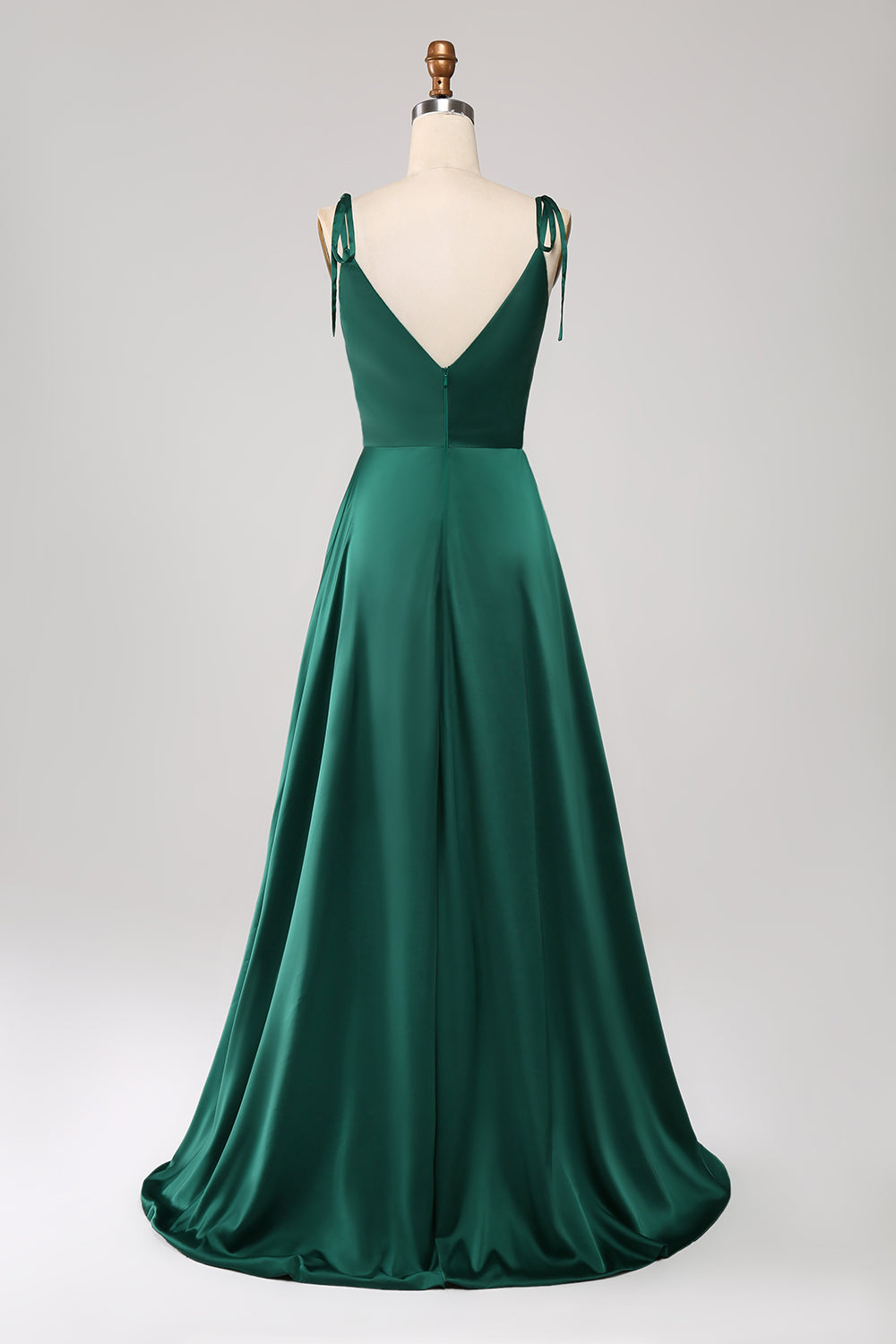 A-Line Spaghetti Straps Pleated Satin Long Dark Green Maxi Dress With Slit