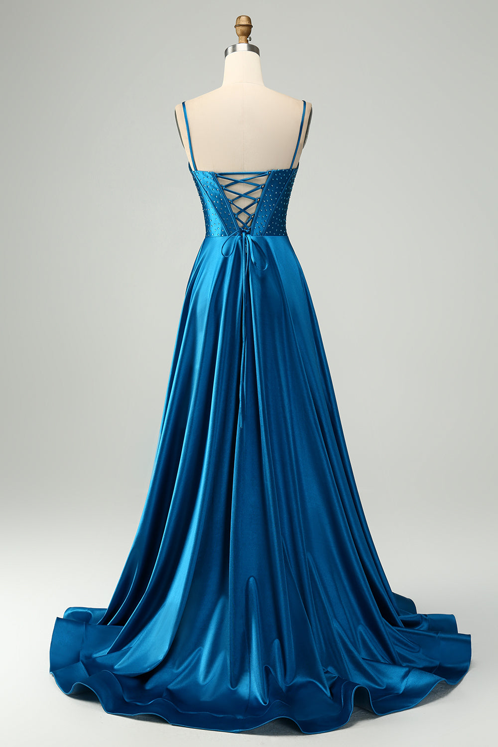 Dark Blue A-Line Spaghetti Straps Split Corset Prom Dress With Beading