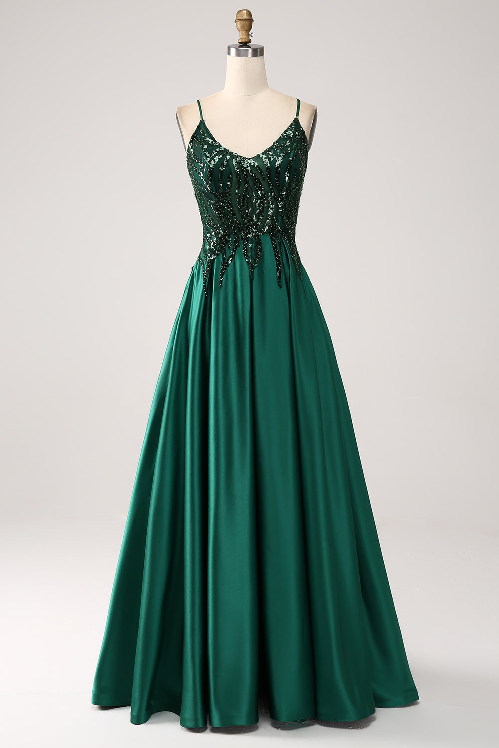 Sparkly Dark Green A-Line Spaghetti Straps Long Prom Dress With Sequins